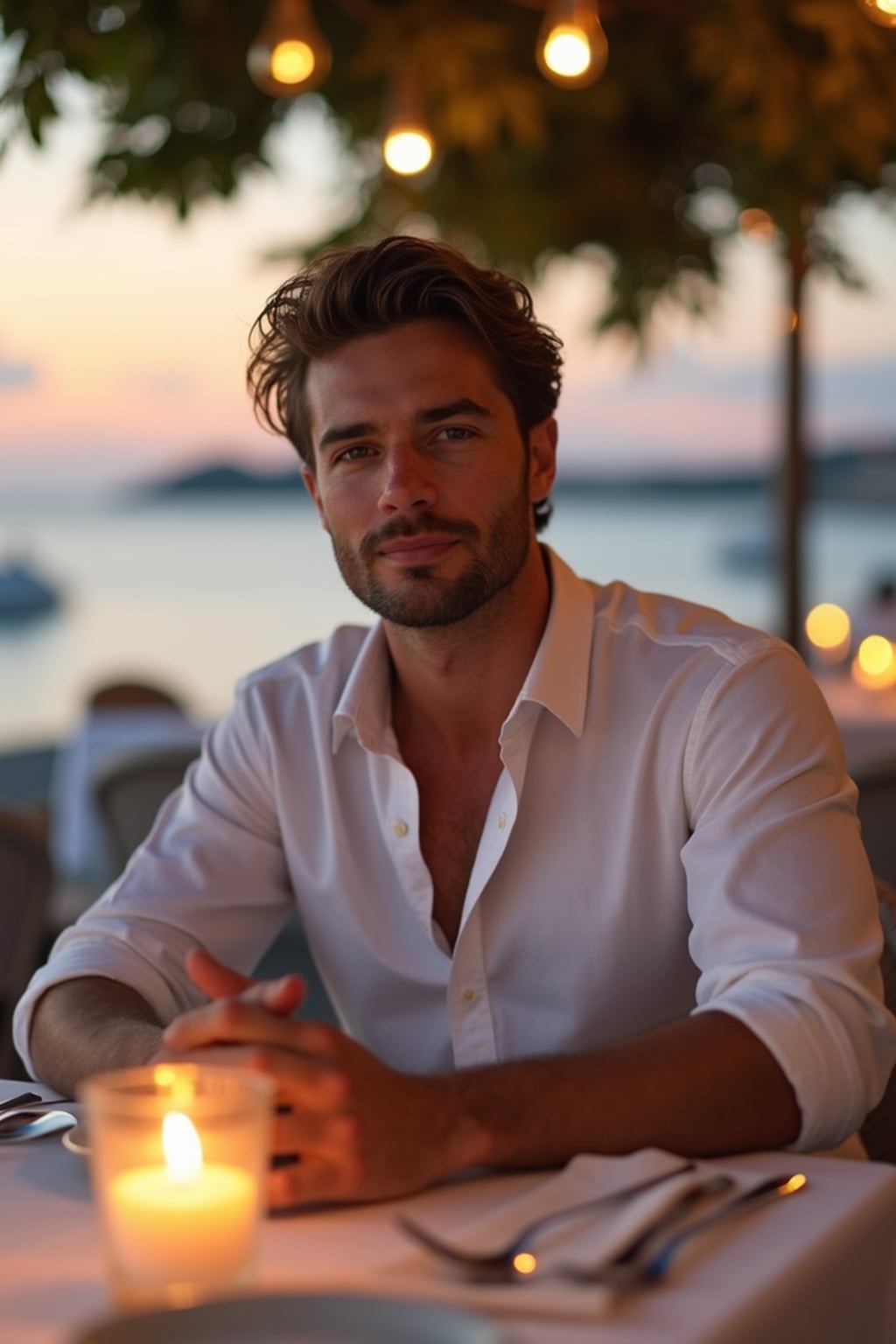 man dining at a seaside taverna, wearing  a smart casual white outfit, candlelit tables and ocean view
