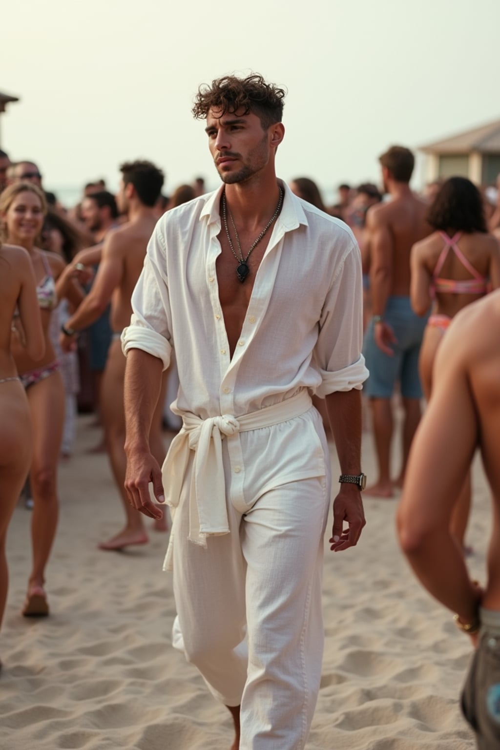 man at an exclusive beach party, wearing  white linen ensemble with leather sandals, DJ booth and dancing crowd visible