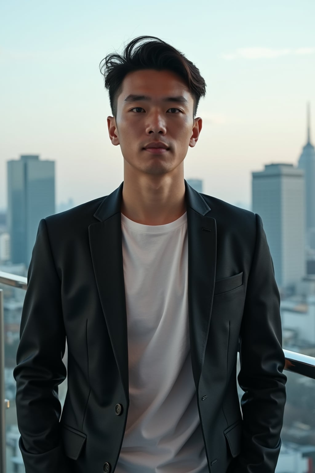 man at a rooftop bar in Shinjuku, wearing  a smart casual blazer with t-shirt, Tokyo skyline in background