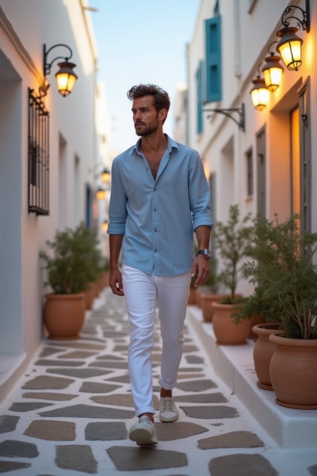 man strolling through narrow Mykonos streets, wearing  white jeans with a light blue shirt, warm lantern lights illuminating the path