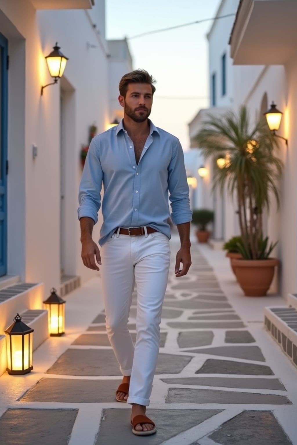 man strolling through narrow Mykonos streets, wearing  white jeans with a light blue shirt, warm lantern lights illuminating the path