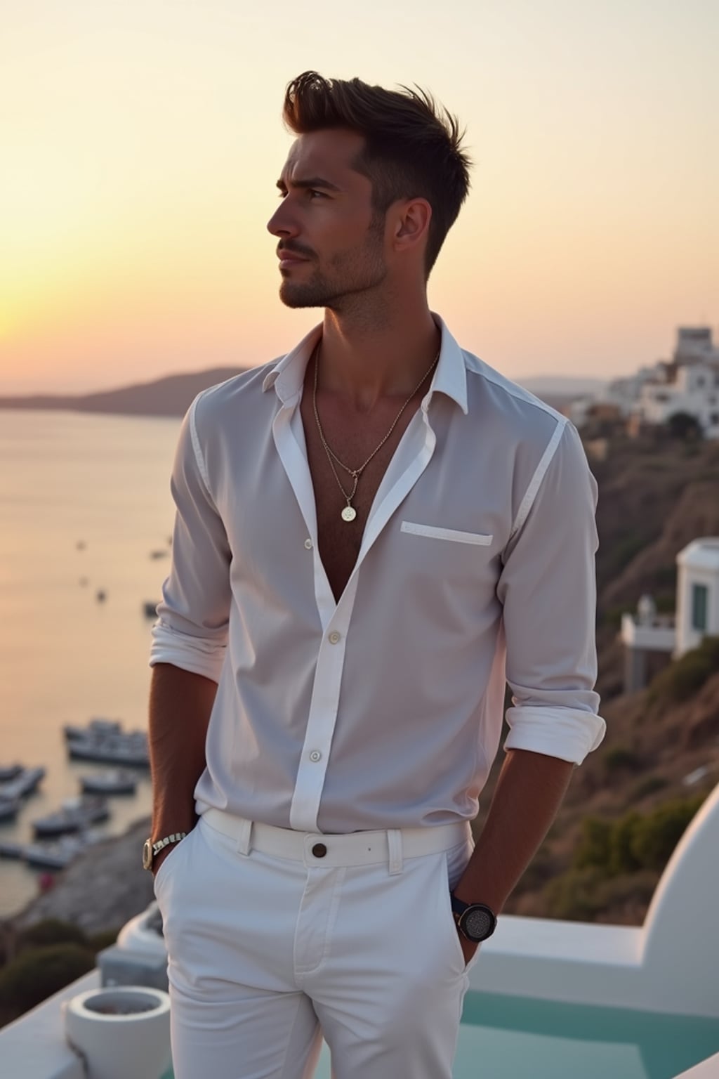 man on a rooftop bar in Mykonos Town, wearing  white pants with a designer shirt, island panorama at dusk
