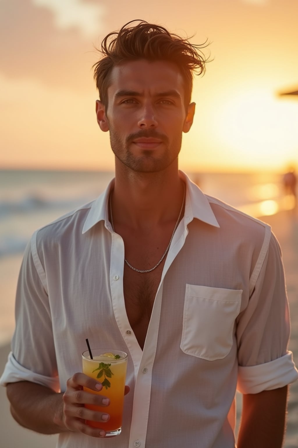 man at a beachside club in Psarou, wearing  white shorts with a light linen shirt, holding a cocktail with warm evening glow