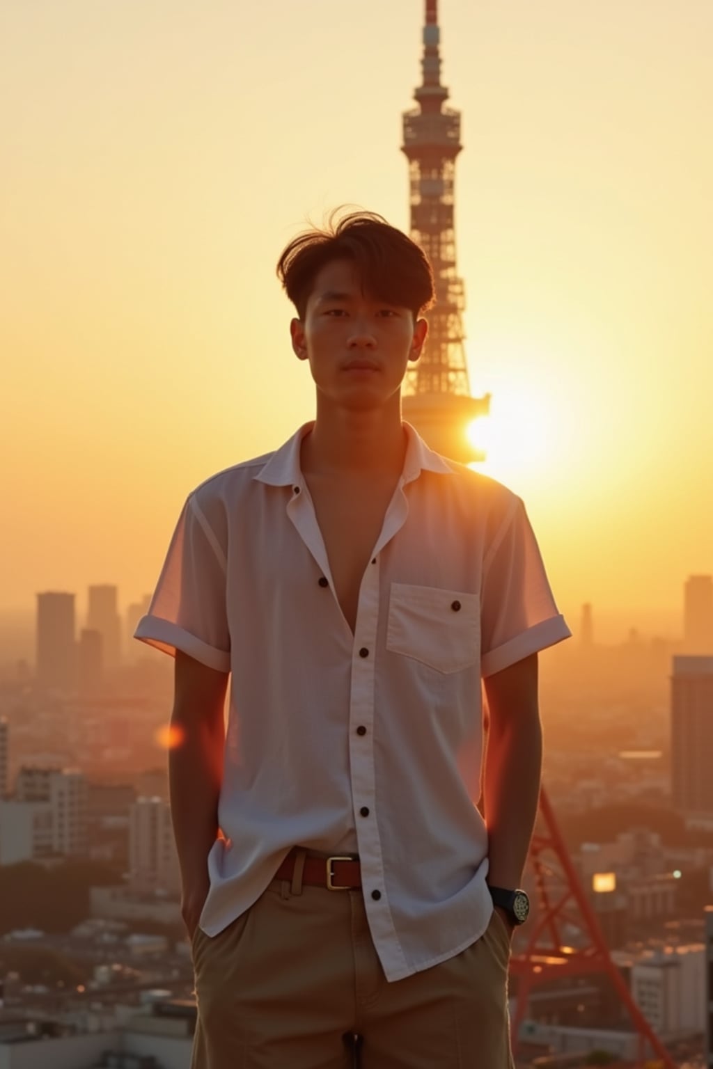 man in front of Tokyo Tower at sunset, wearing  a light linen shirt and shorts, golden hour lighting