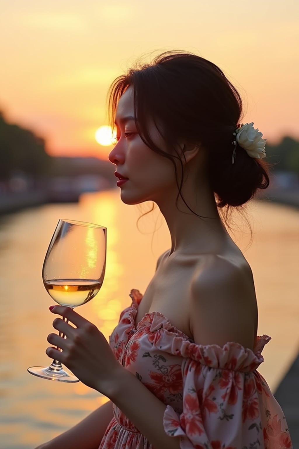 woman at Seine River during sunset, wearing a elegant summer dress with floral pattern , holding a glass of wine