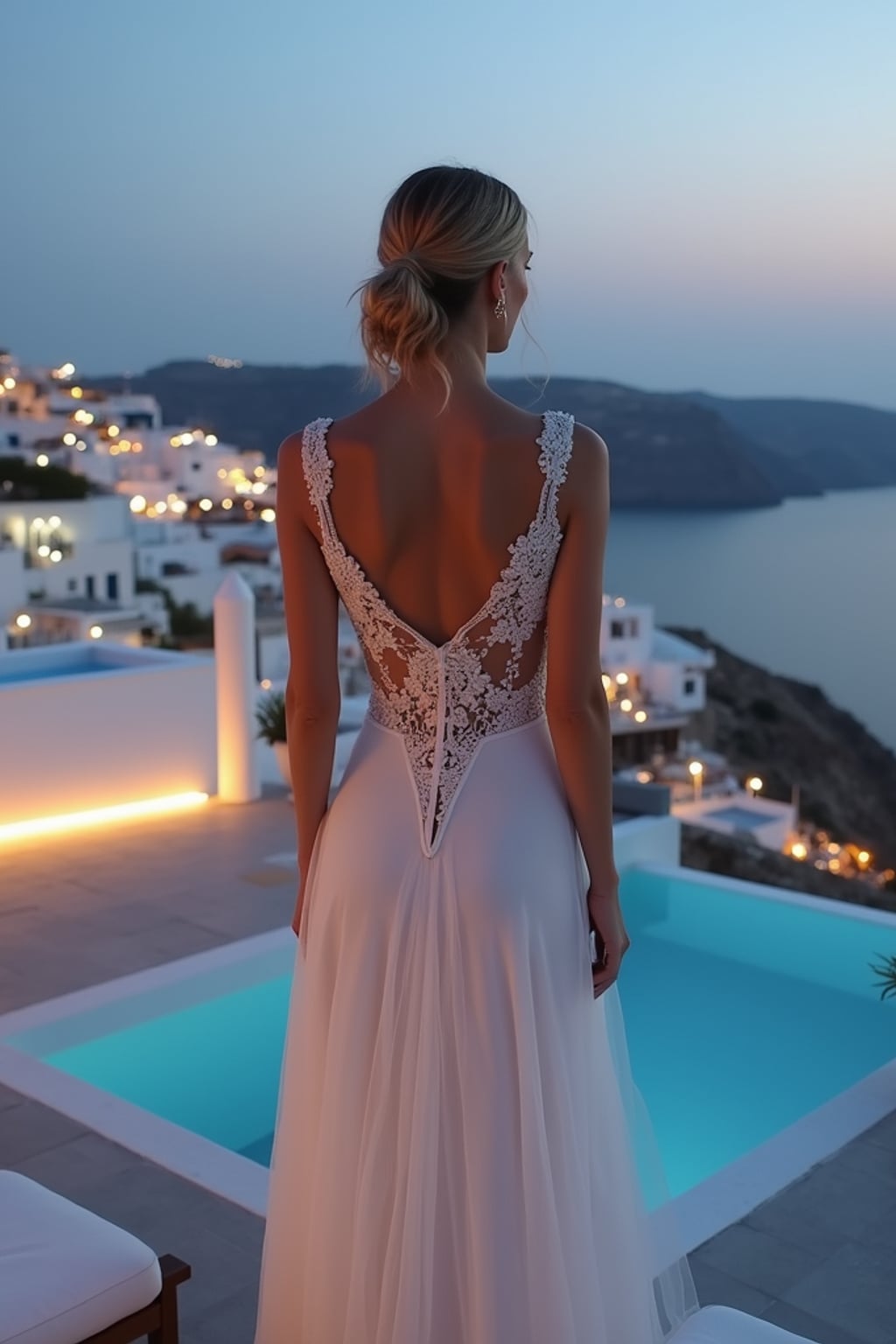 woman on a private terrace overlooking Mykonos Town, wearing a glamorous white evening gown , twinkling city lights below