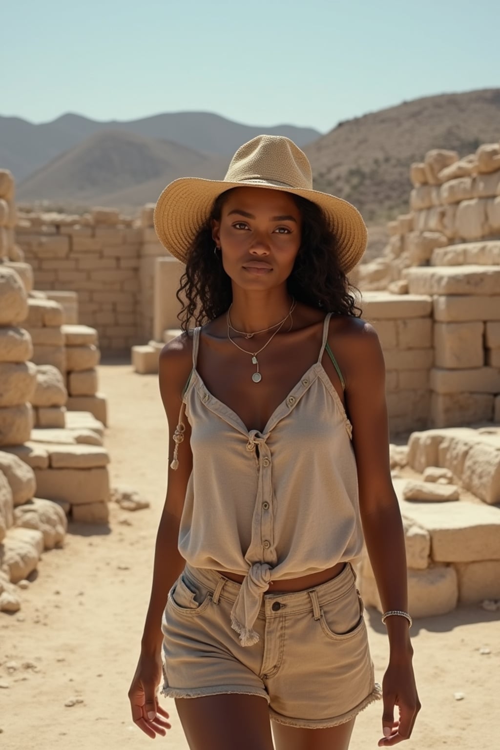 woman exploring ancient Akrotiri ruins, wearing a comfortable stylish outfit with hat , archaeological wonders visible
