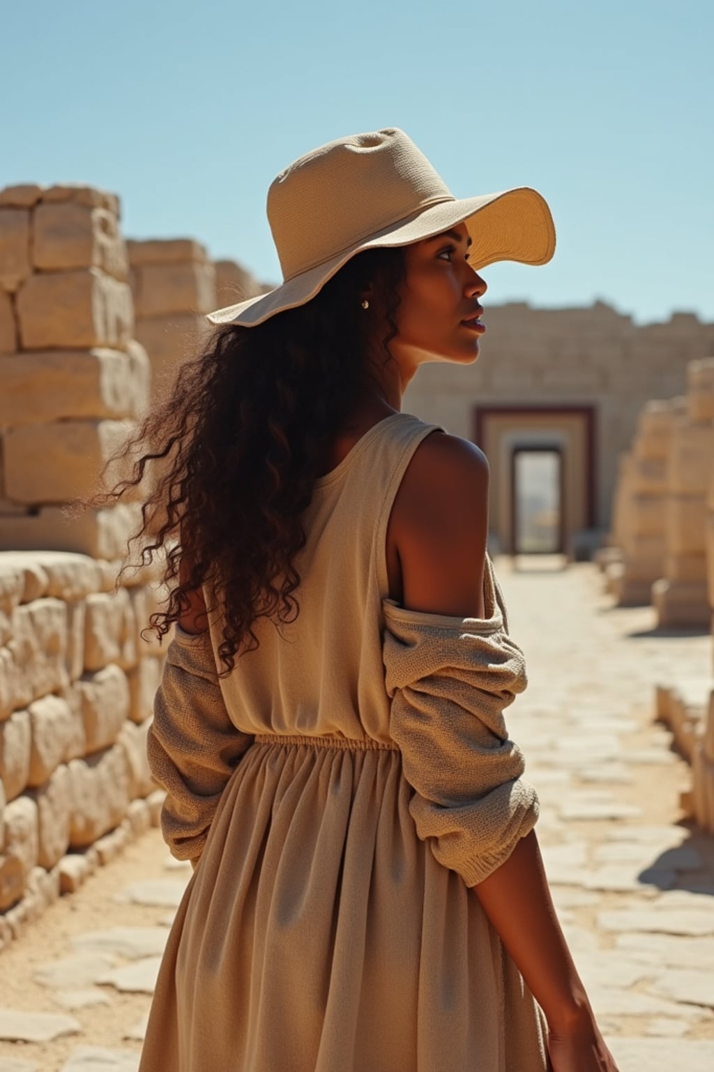 woman exploring ancient Akrotiri ruins, wearing a comfortable stylish outfit with hat , archaeological wonders visible