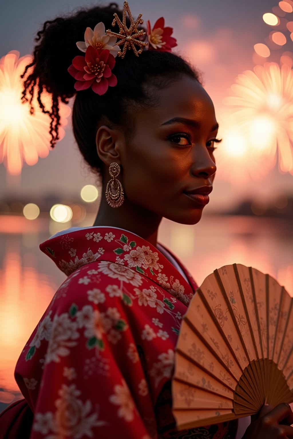woman at Sumida River during fireworks festival, wearing a yukata with floral pattern , holding a paper fan