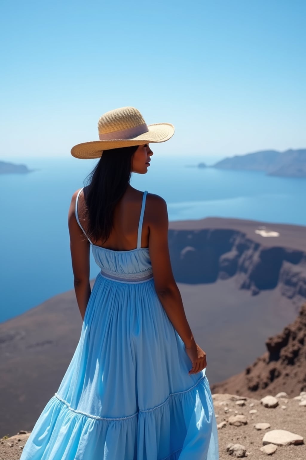 woman at Santorini caldera viewpoint, wearing an elegant blue sundress with straw hat , panoramic volcanic views and clear blue skies