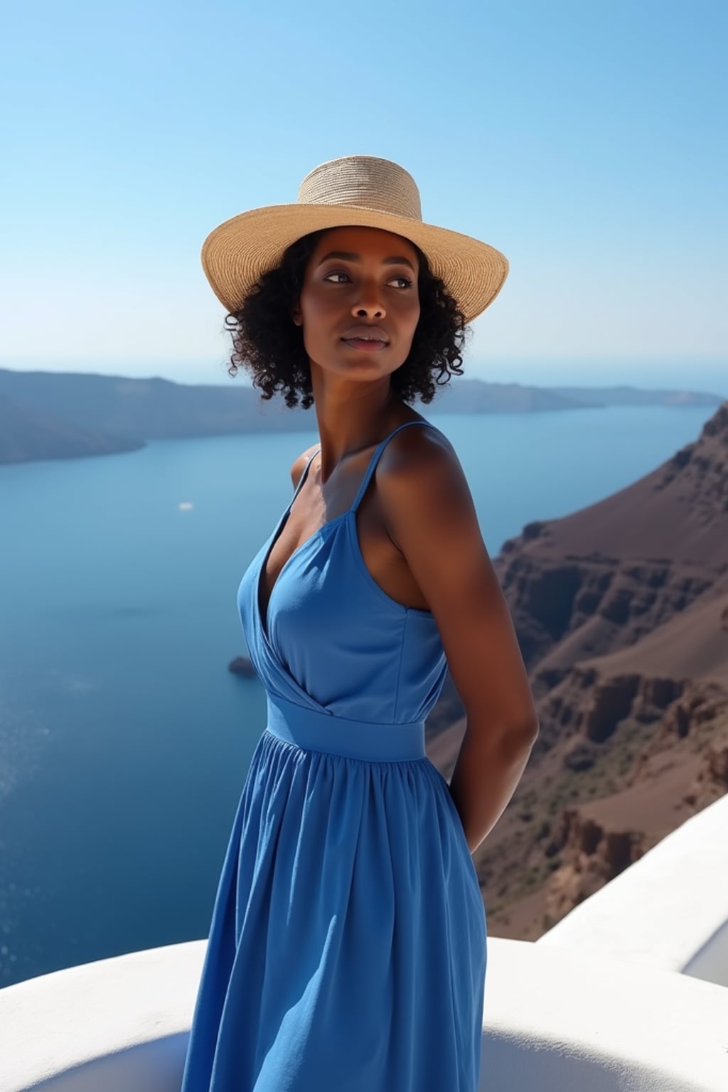 woman at Santorini caldera viewpoint, wearing an elegant blue sundress with straw hat , panoramic volcanic views and clear blue skies