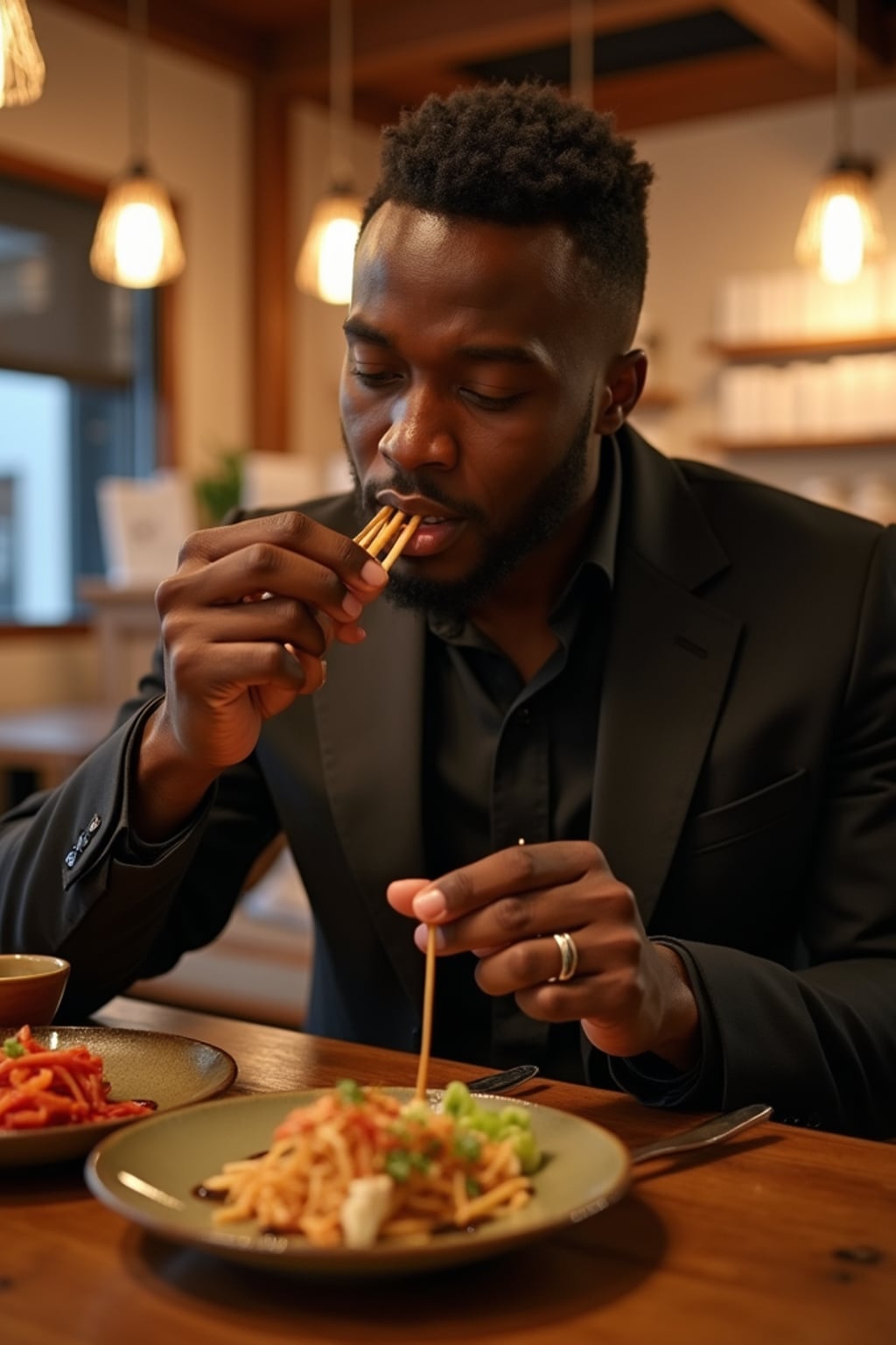 man at a Tokyo izakaya restaurant, wearing  relaxed business casual outfit, enjoying Japanese cuisine
