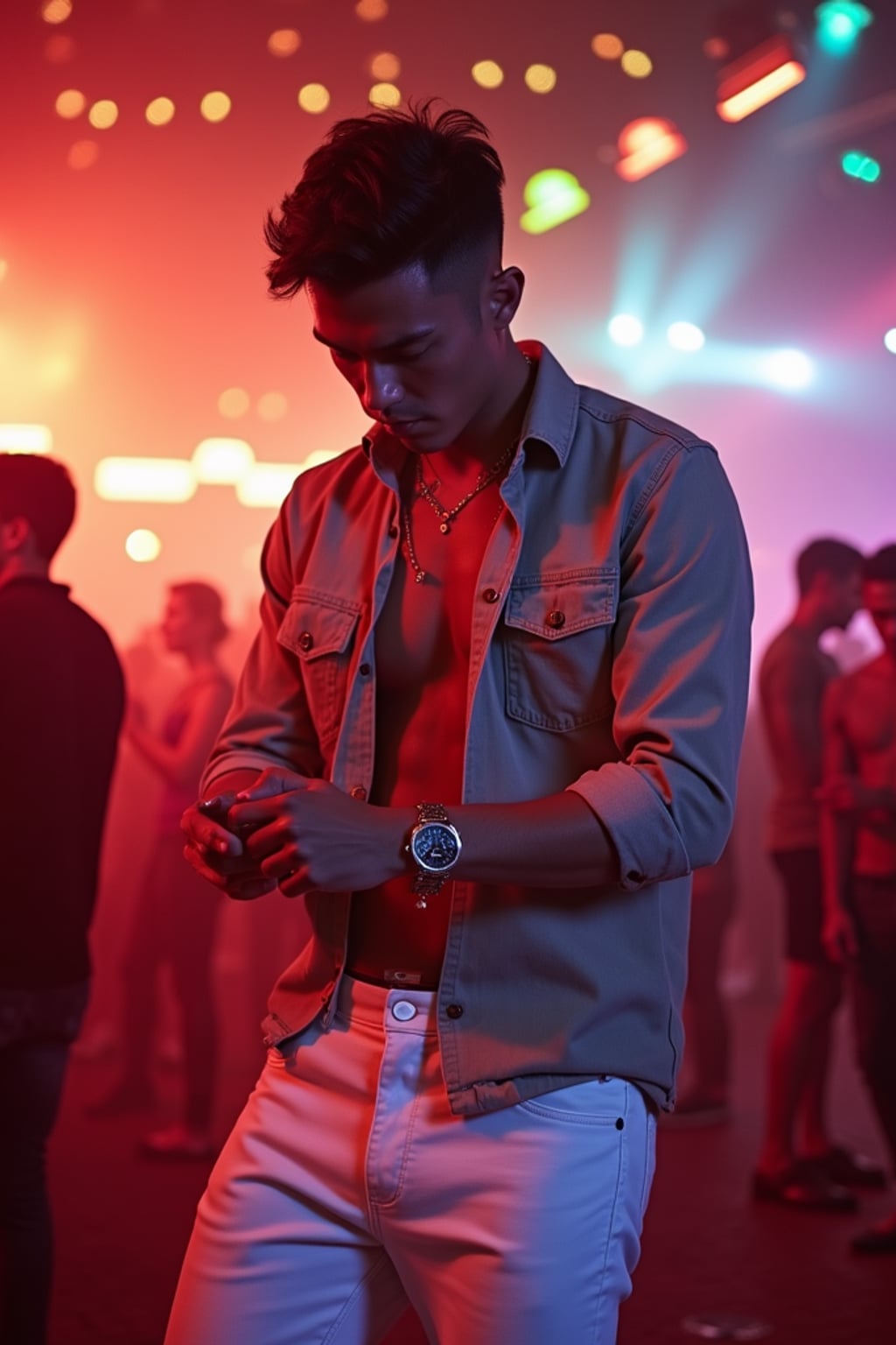 man dancing at an open-air club, wearing  white jeans with a stylish fitted shirt, DJ lights and vibrant atmosphere