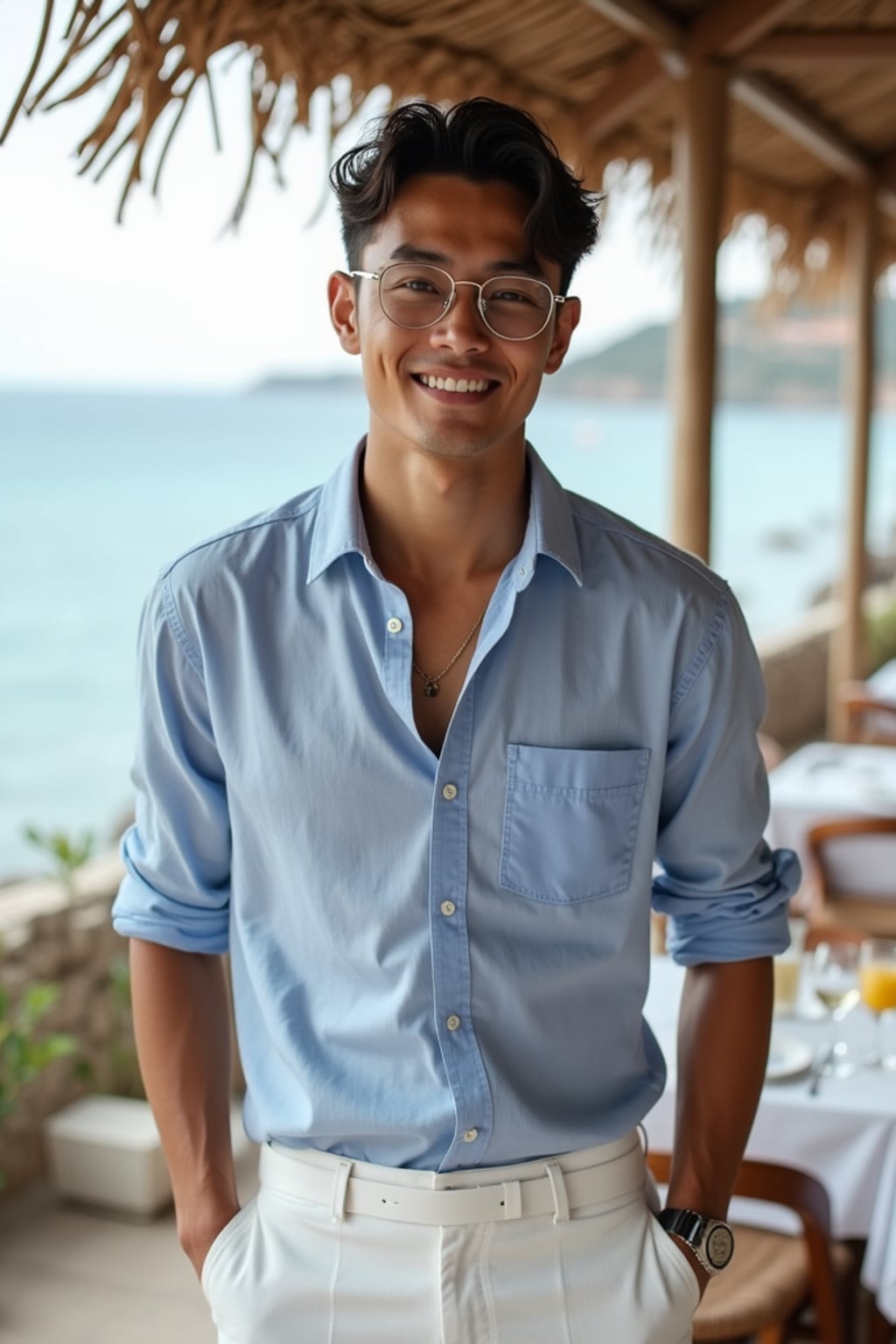 man at Nammos beach restaurant, wearing  white linen pants with a light blue shirt, champagne glasses and Mediterranean cuisine