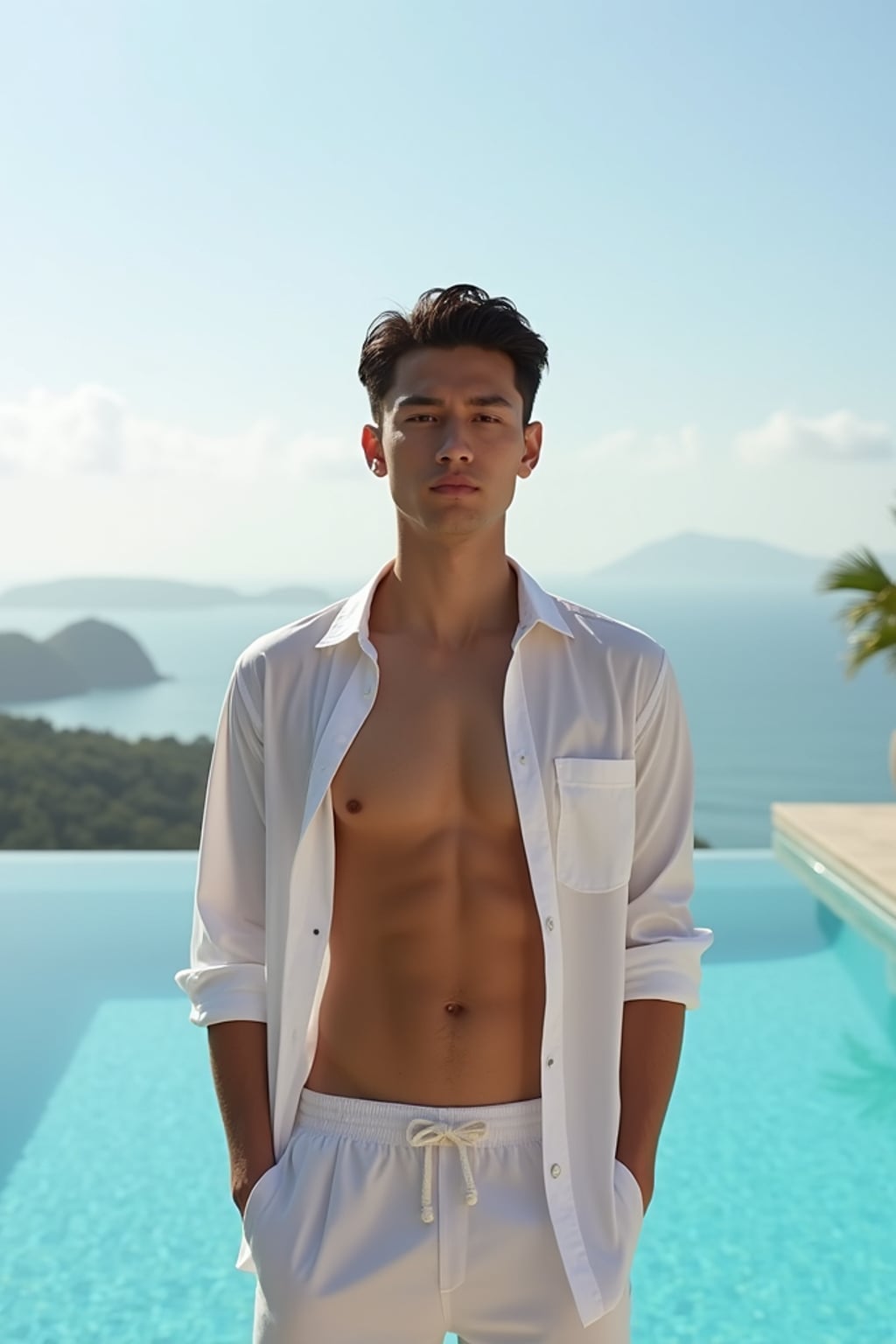 man at a poolside party in a luxury hotel, wearing  white swim shorts with an open shirt, infinity pool with ocean view