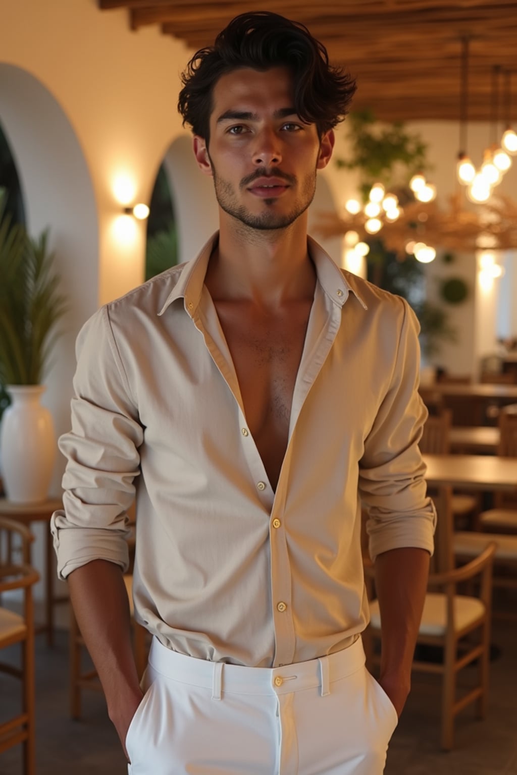 man in a Mykonos cocktail lounge, wearing  white trousers with a light designer shirt, ambient lighting and stylish decor