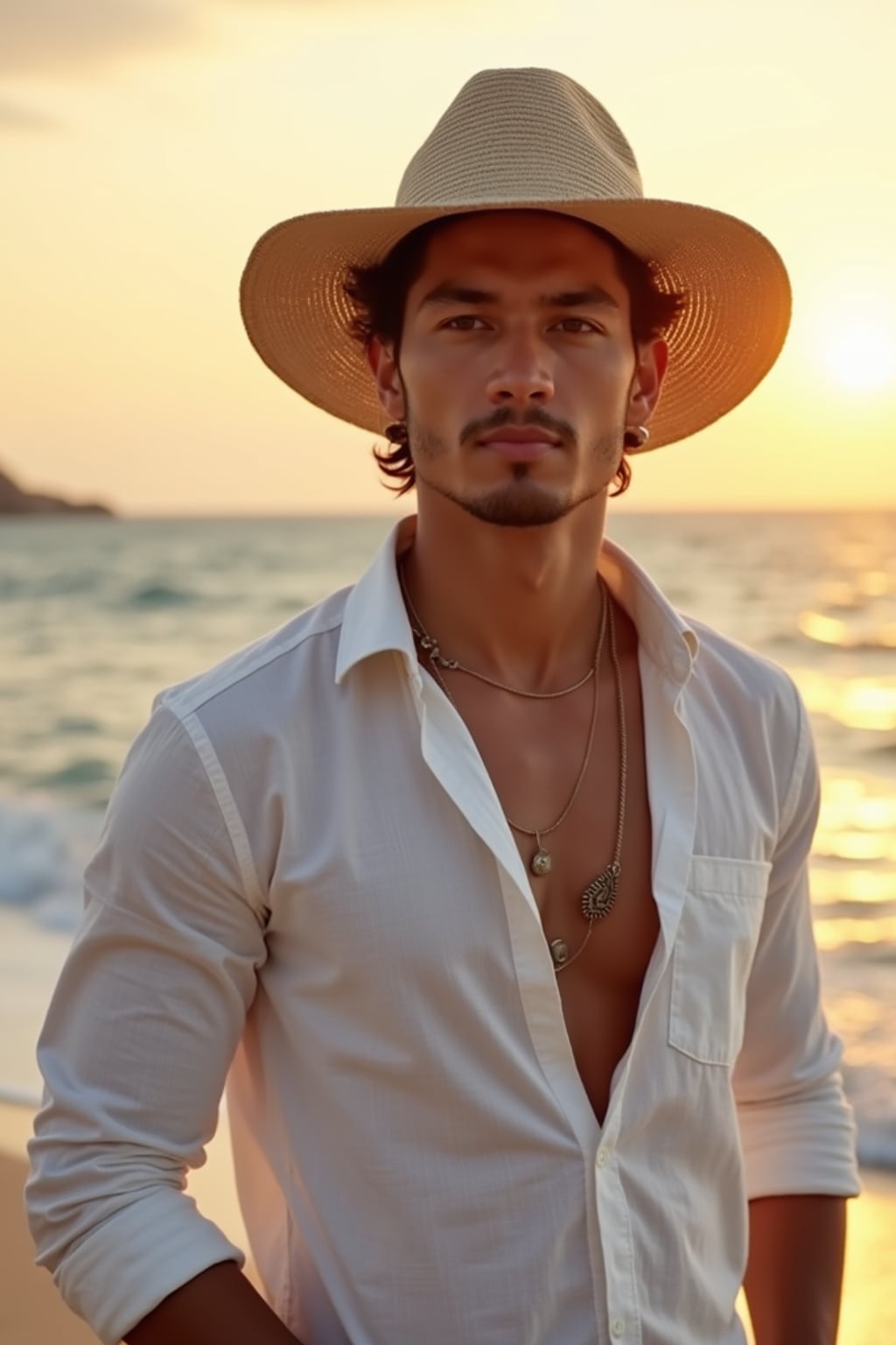 man at Scorpios beach club, wearing  relaxed white linen outfit with woven hat, sunset over the sea