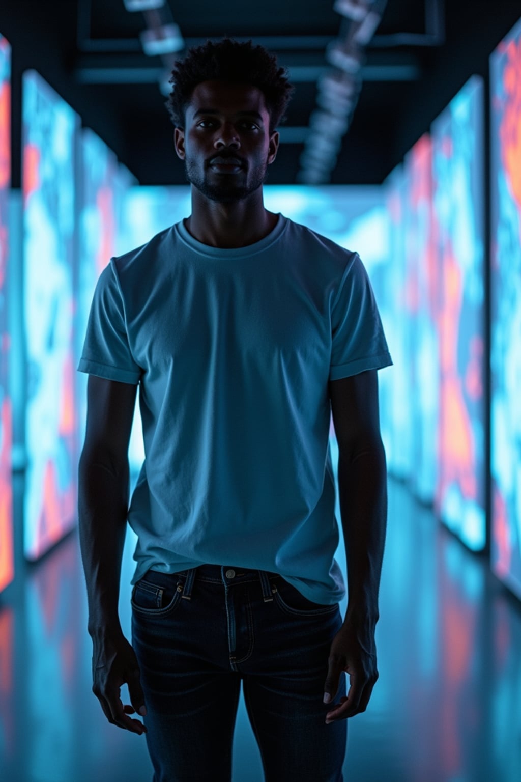 man at teamLab Borderless digital art museum, wearing  dark jeans with a minimalist t-shirt, surrounded by digital light installations