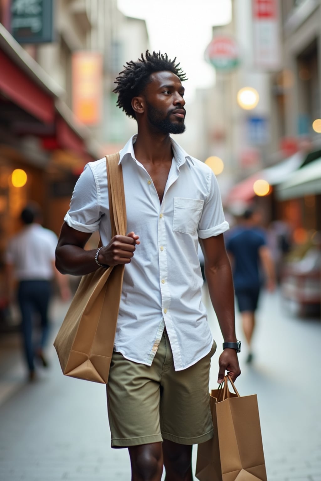 man shopping in Ginza district, wearing  tailored shorts with a button-up shirt, carrying shopping bags