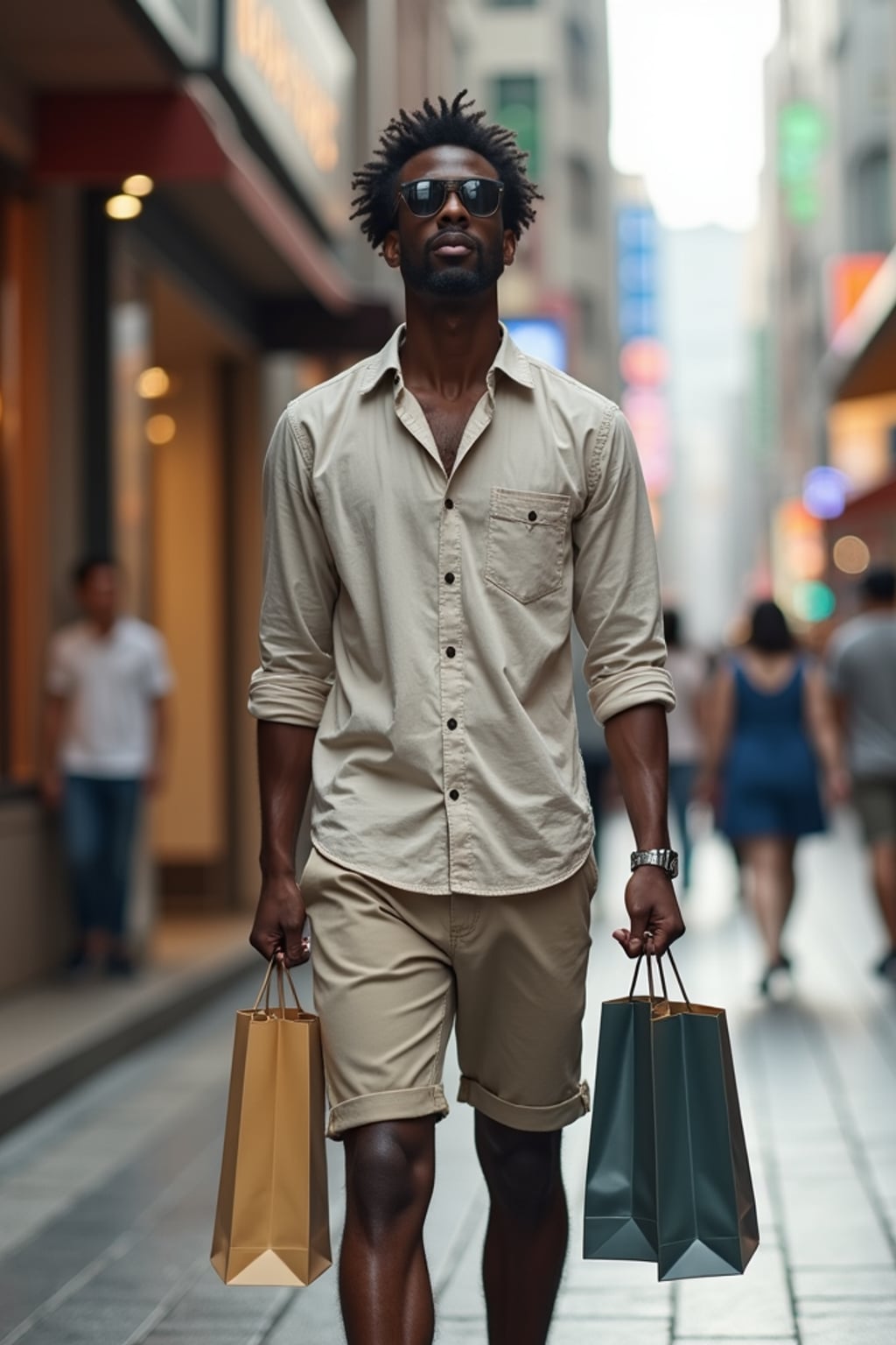 man shopping in Ginza district, wearing  tailored shorts with a button-up shirt, carrying shopping bags