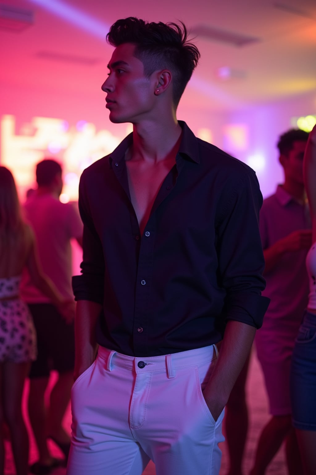 man at Cavo Paradiso nightclub, wearing  white jeans with a stylish dark shirt, colorful lights and dancing atmosphere