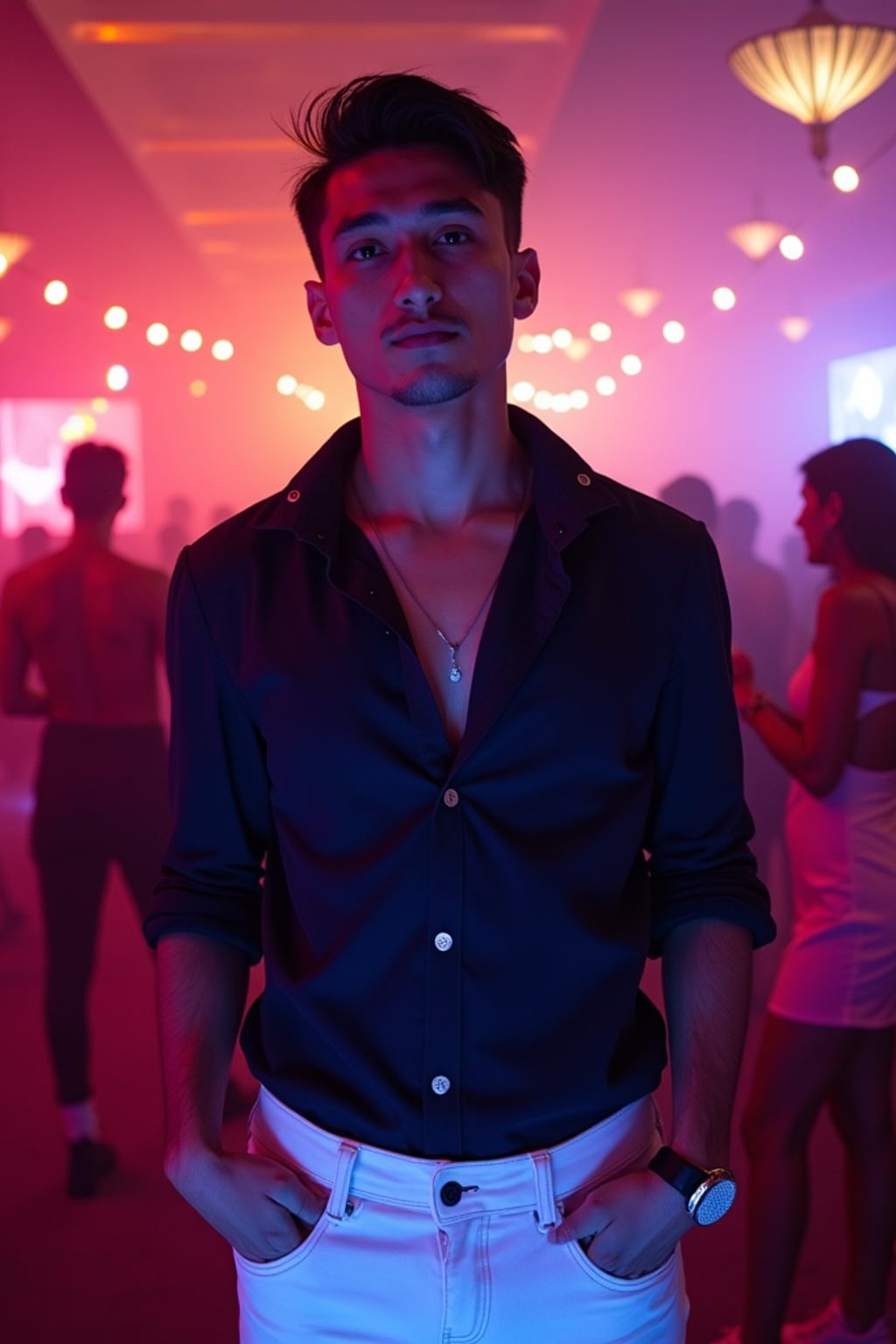 man at Cavo Paradiso nightclub, wearing  white jeans with a stylish dark shirt, colorful lights and dancing atmosphere