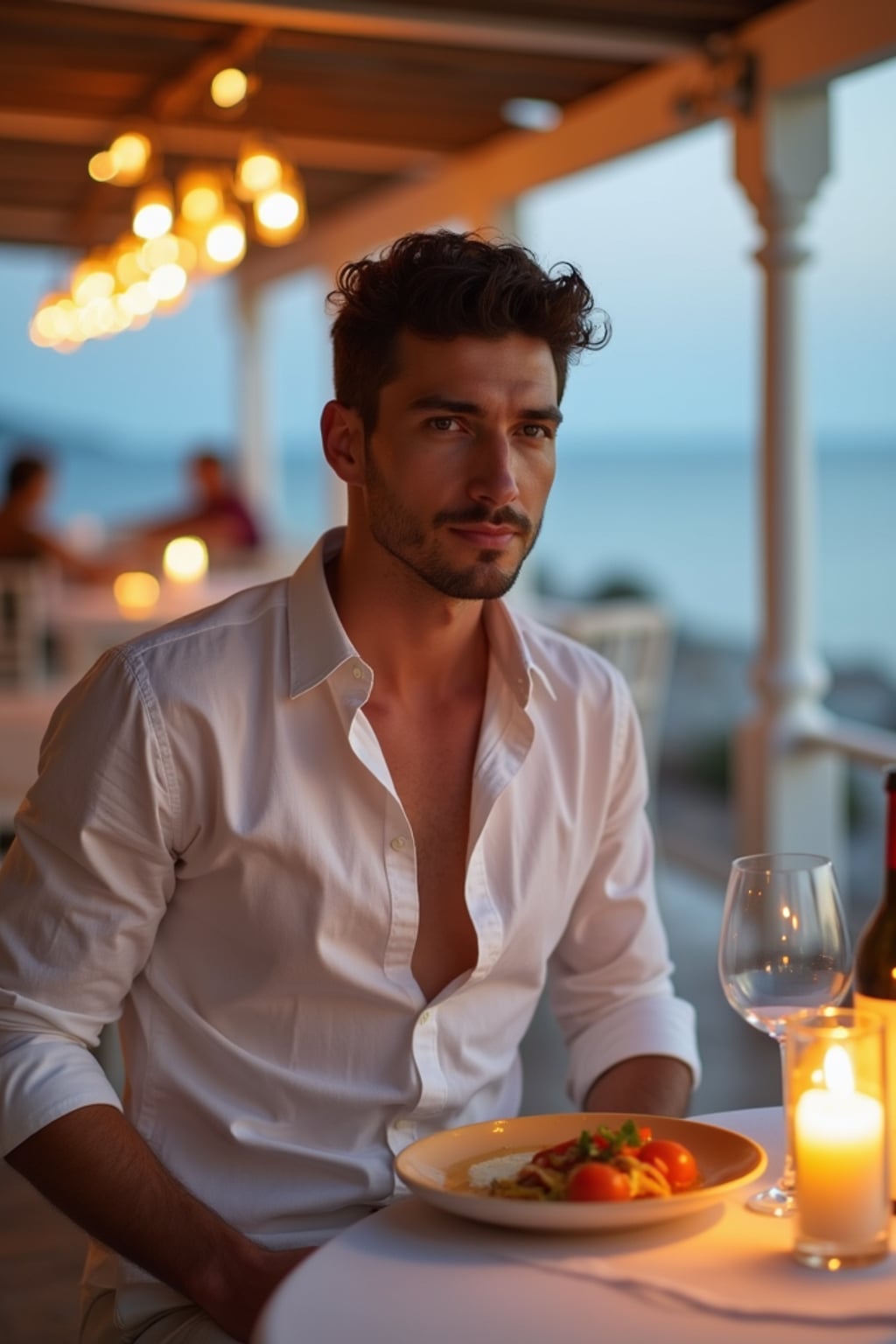 man dining at a seaside taverna, wearing  a smart casual white outfit, candlelit tables and ocean view