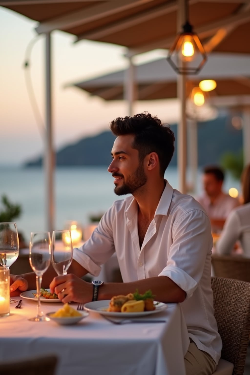 man dining at a seaside taverna, wearing  a smart casual white outfit, candlelit tables and ocean view