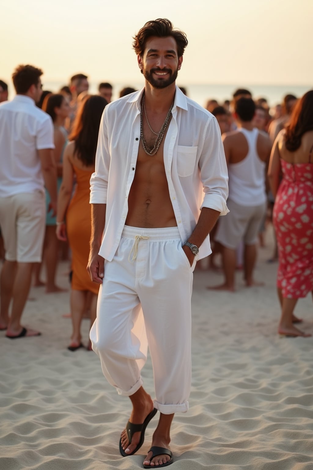 man at an exclusive beach party, wearing  white linen ensemble with leather sandals, DJ booth and dancing crowd visible