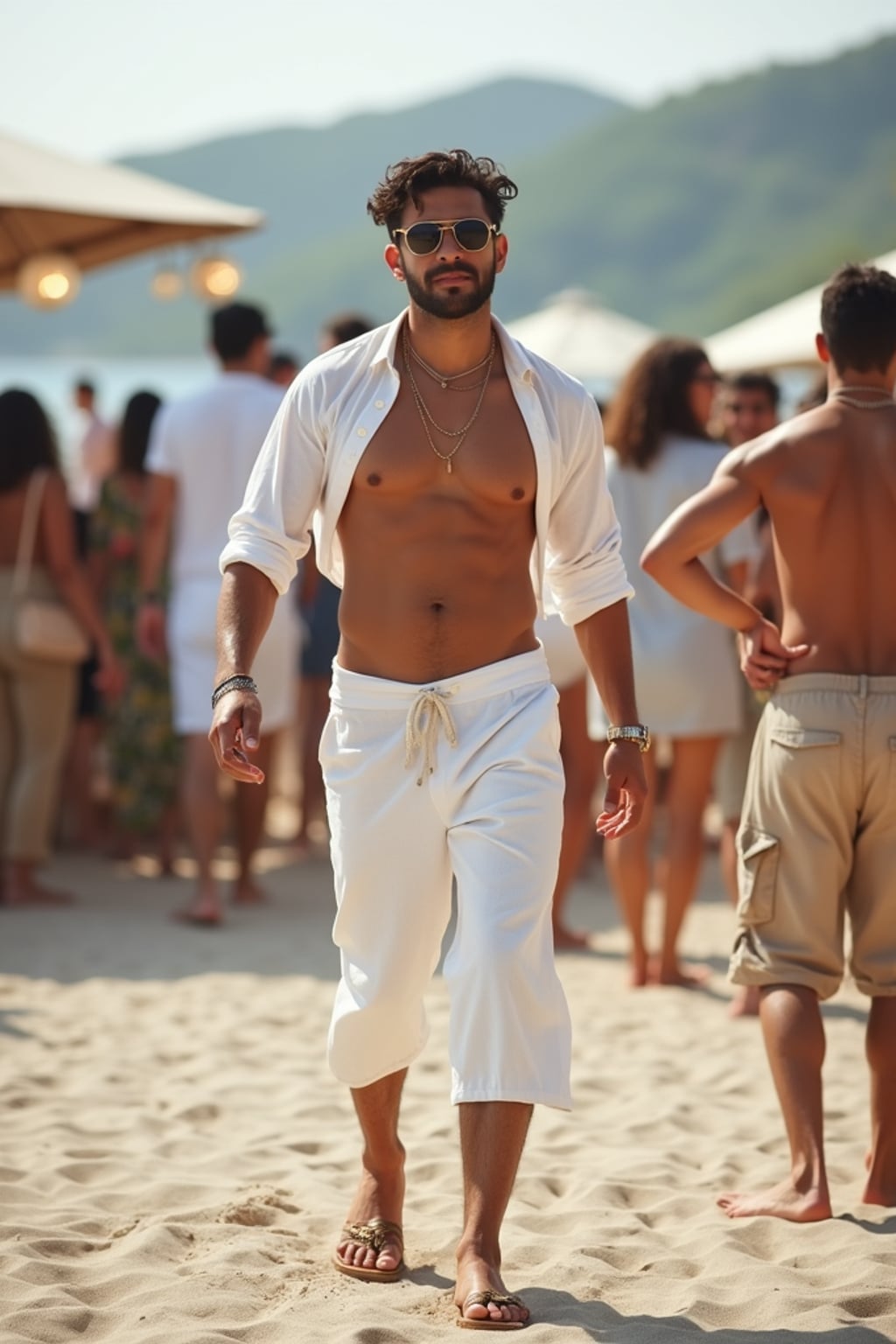 man at an exclusive beach party, wearing  white linen ensemble with leather sandals, DJ booth and dancing crowd visible