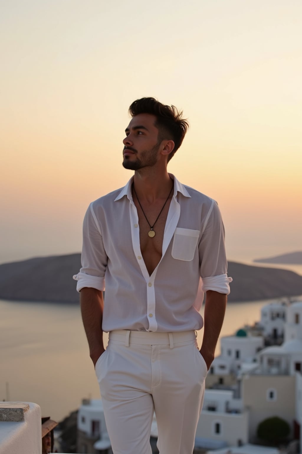 man on a rooftop bar in Mykonos Town, wearing  white pants with a designer shirt, island panorama at dusk
