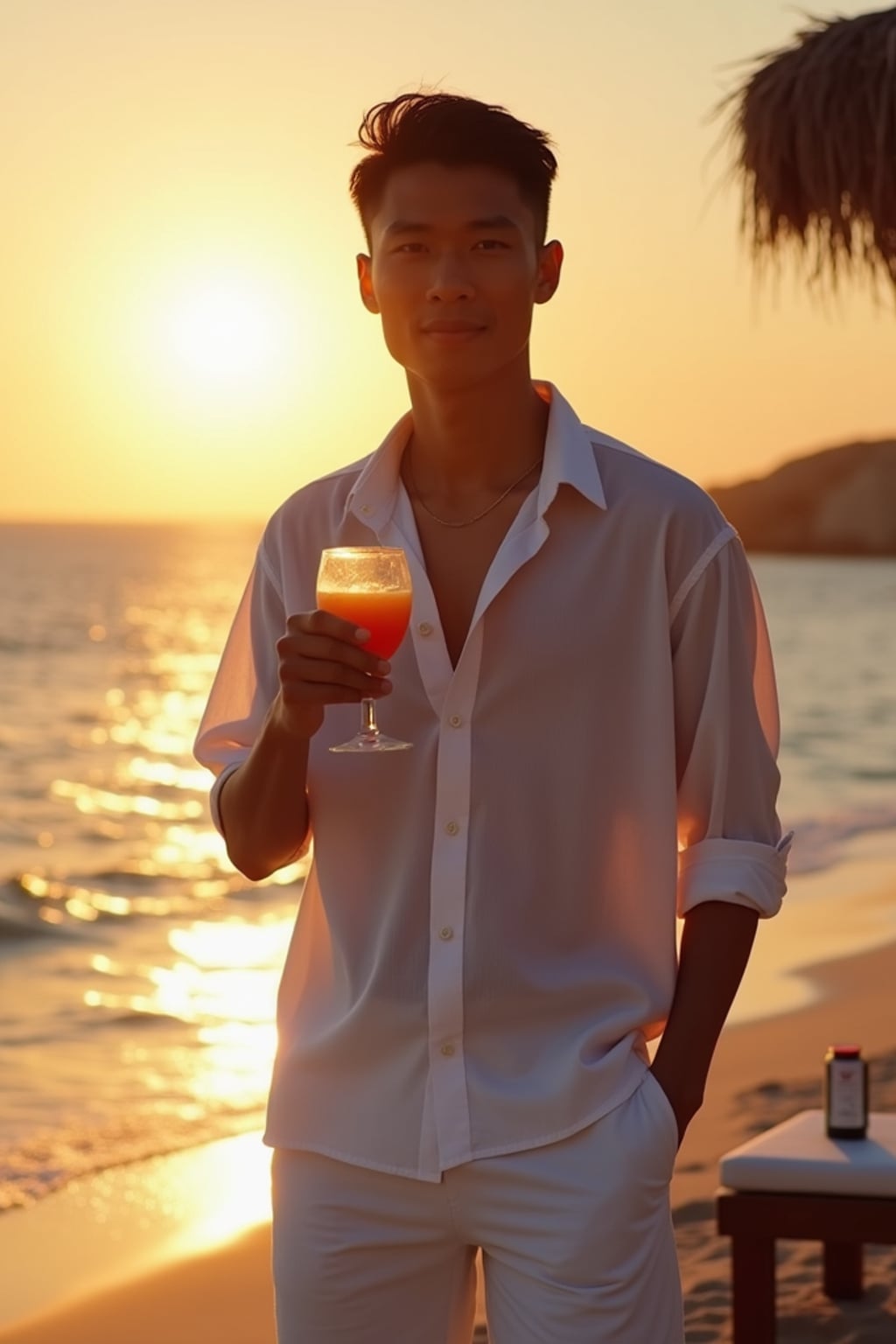 man at a beachside club in Psarou, wearing  white shorts with a light linen shirt, holding a cocktail with warm evening glow