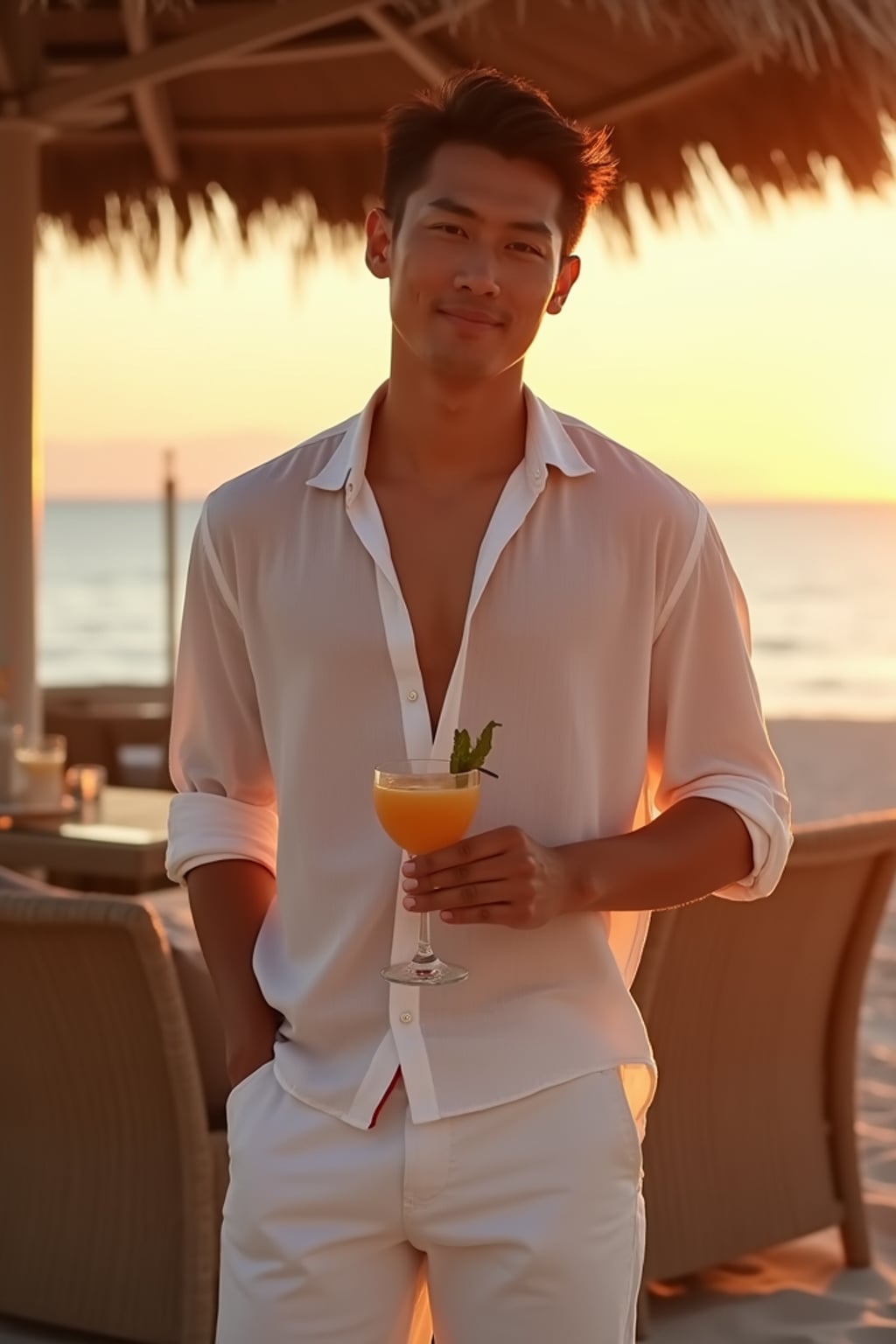 man at a beachside club in Psarou, wearing  white shorts with a light linen shirt, holding a cocktail with warm evening glow