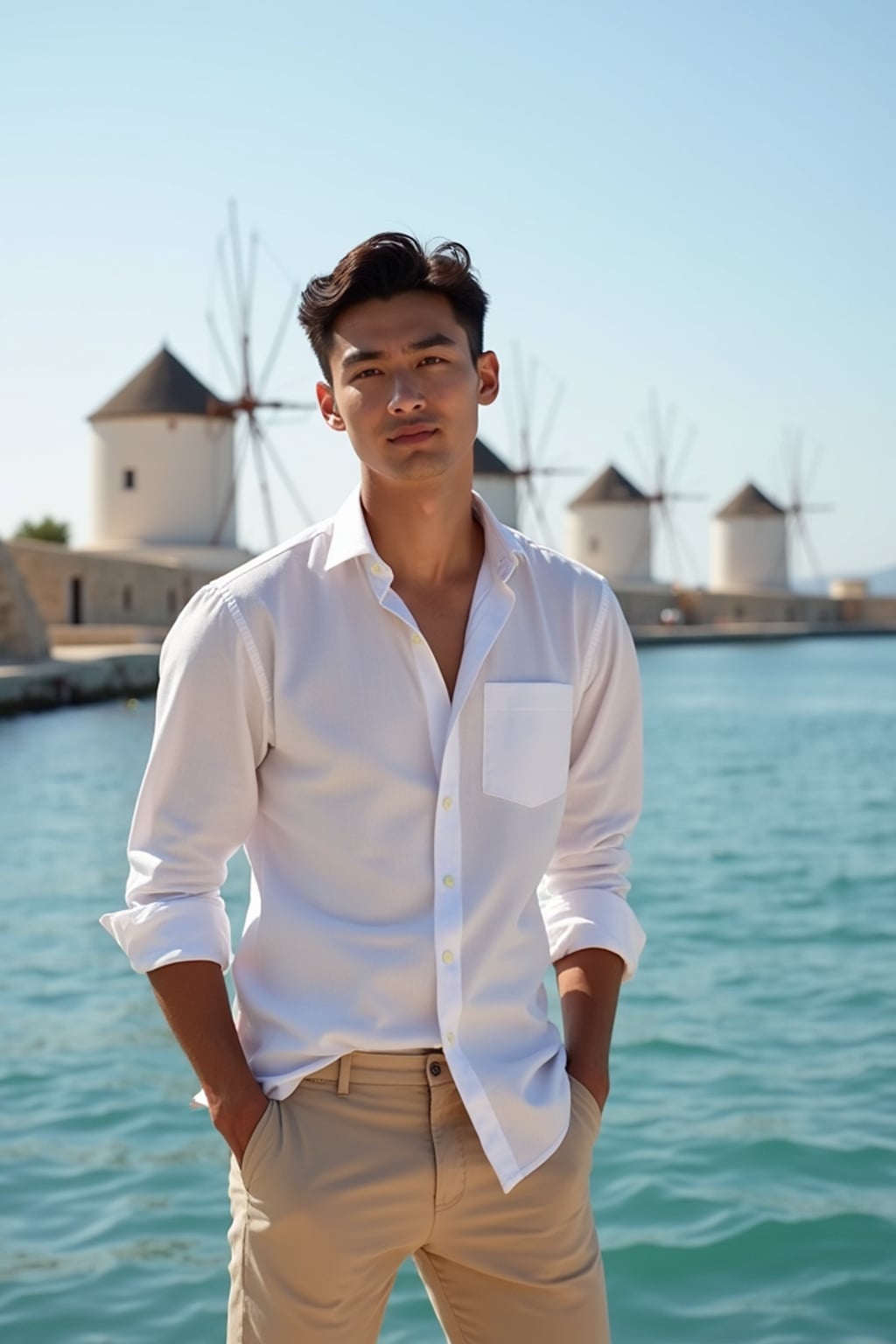 man at Little Venice waterfront, wearing  a stylish white button-up with beige chinos, Aegean Sea and windmills in background