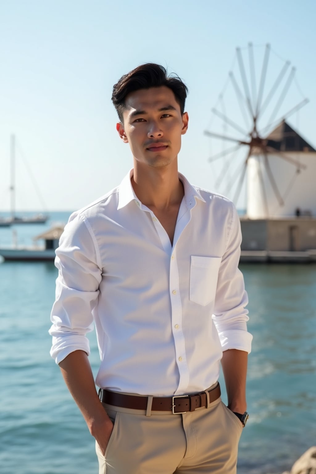 man at Little Venice waterfront, wearing  a stylish white button-up with beige chinos, Aegean Sea and windmills in background