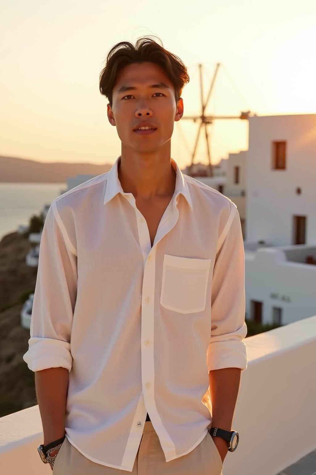 man in front of whitewashed Mykonos buildings at sunset, wearing  a crisp white linen shirt with light pants, warm golden hour lighting