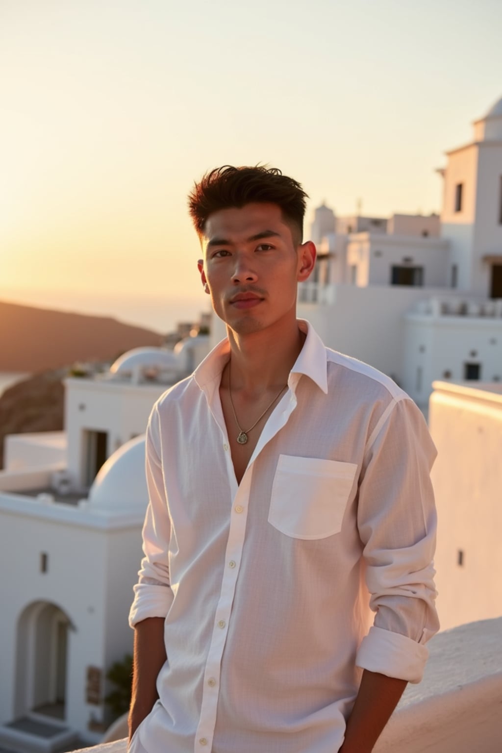 man in front of whitewashed Mykonos buildings at sunset, wearing  a crisp white linen shirt with light pants, warm golden hour lighting