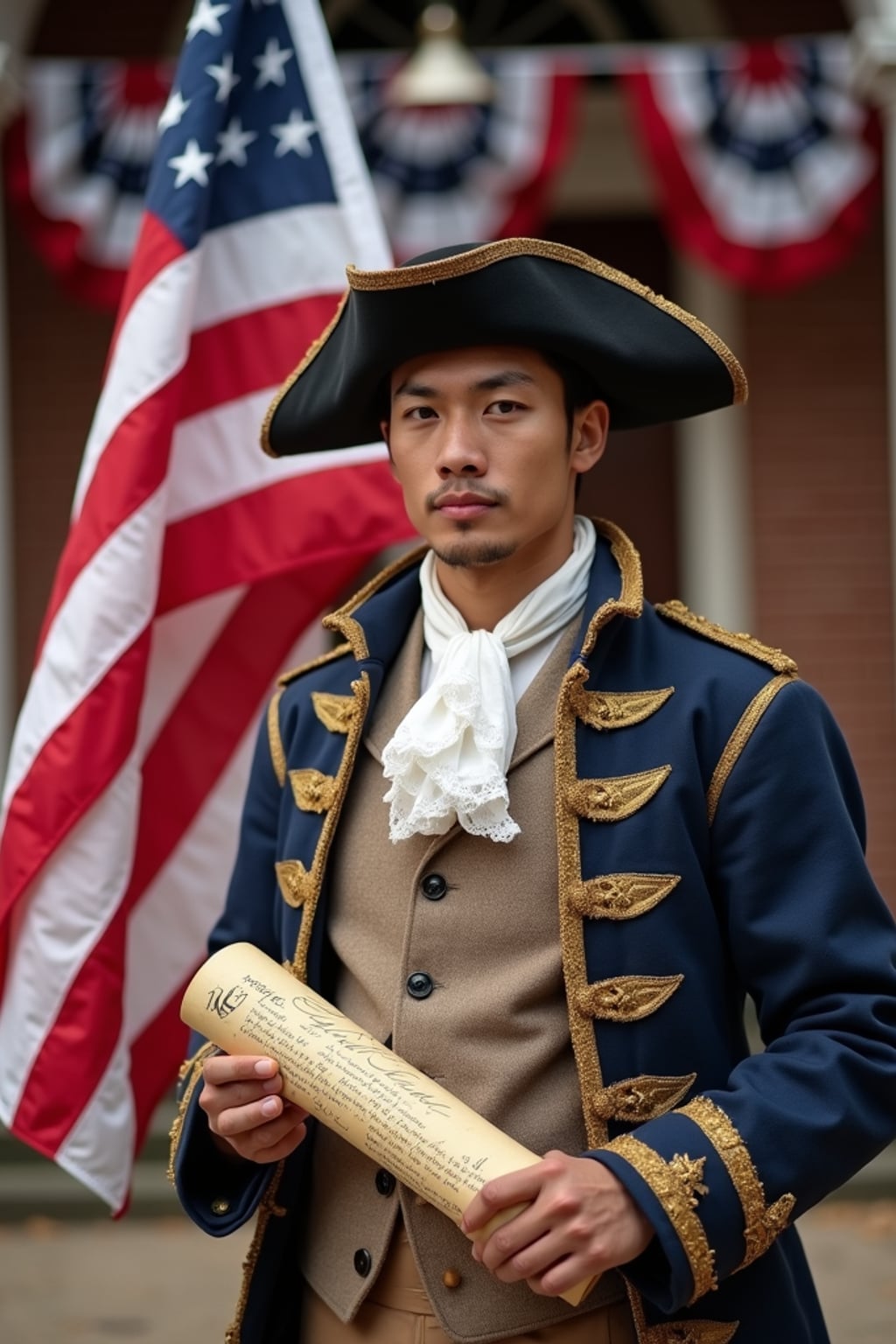 man in a stylized colonial outfit,  authentic revolutionary war uniform with extra flag elements, holding the original 13-star American flag and Declaration of Independence scroll, standing proudly in front of Independence Hall decorated with patriotic bunting.