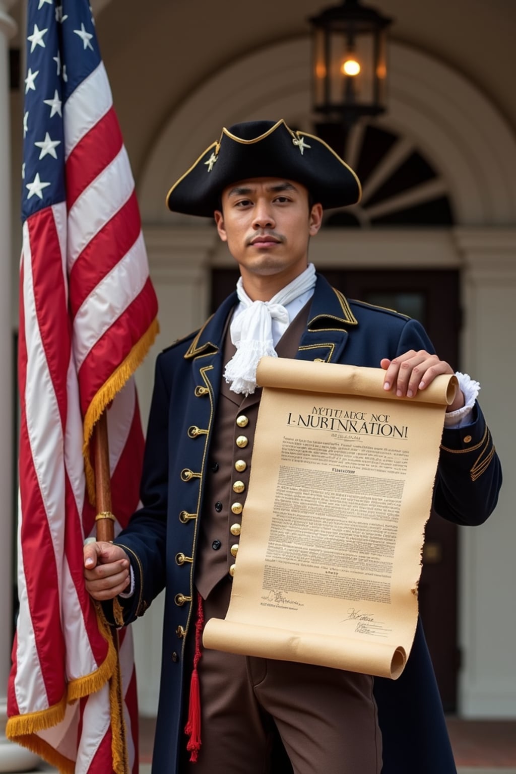 man in a stylized colonial outfit,  authentic revolutionary war uniform with extra flag elements, holding the original 13-star American flag and Declaration of Independence scroll, standing proudly in front of Independence Hall decorated with patriotic bunting.