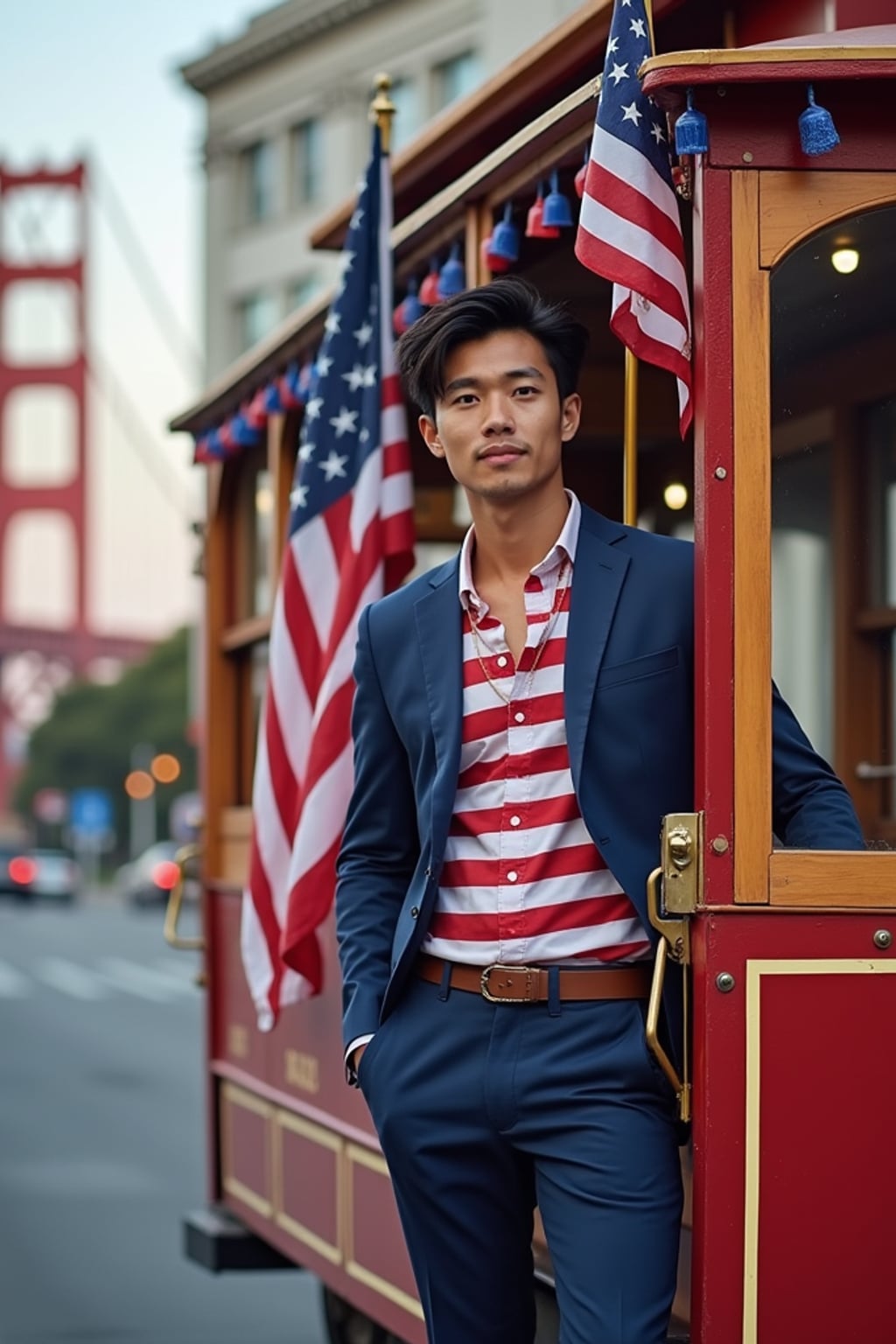 man on a San Francisco trolley decorated with patriotic bunting, wearing  casual smart attire with American flag design elements, Golden Gate Bridge draped with a giant American flag visible in the background, embodying iconic American city pride
