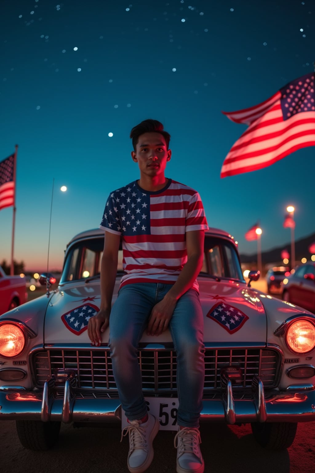 man at a drive-in movie theater showing a patriotic film, sitting on the hood of a classic American-made car decorated with flag decals, wearing  jeans and a patriotic t-shirt, under a starry night sky, surrounded by American flags