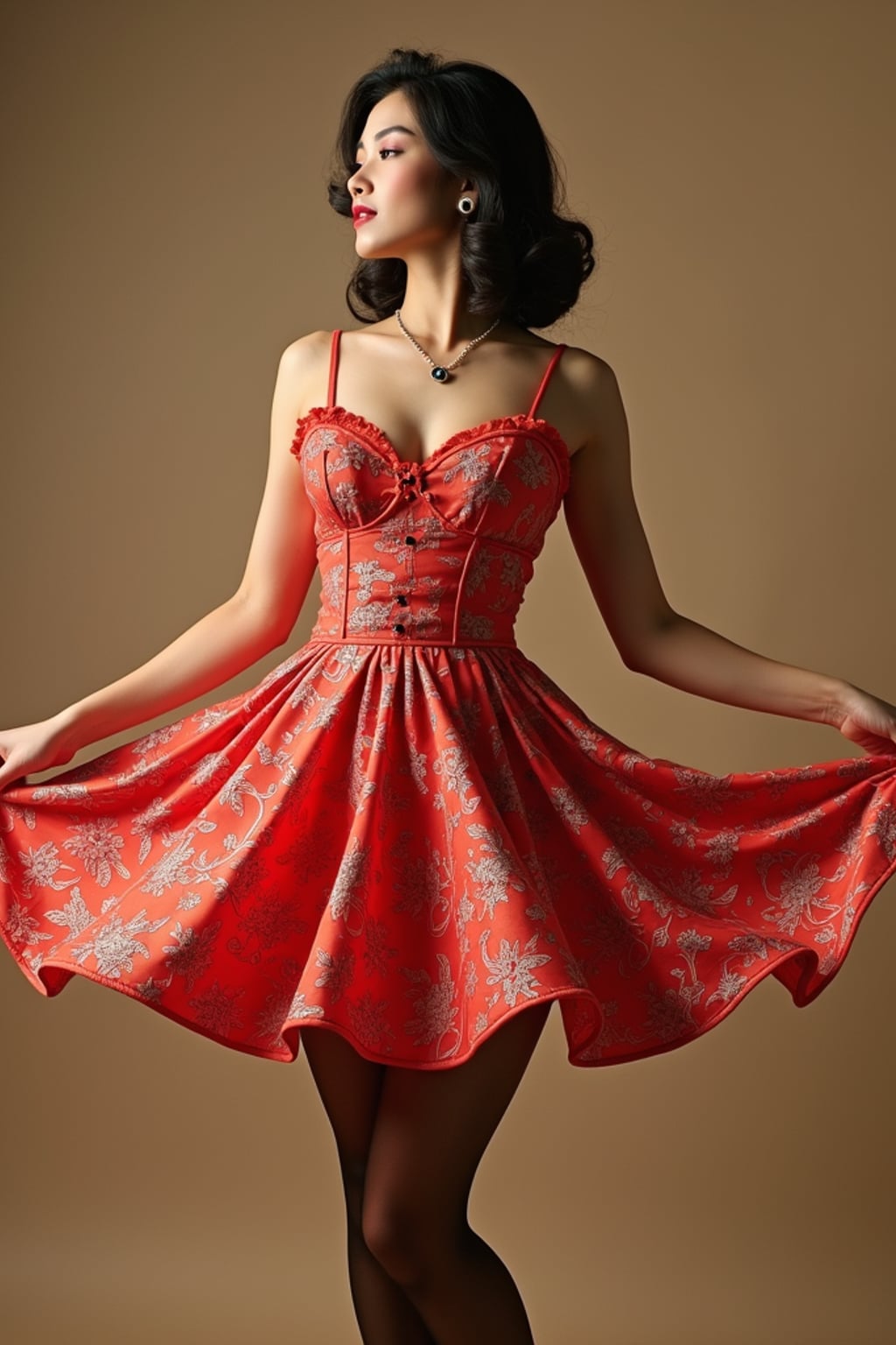 woman twirling in a retro swing dress blown up Marilyn-style, revealing stockings and panties , on a faux pin-up calendar set