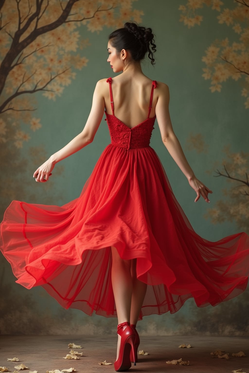 woman twirling in a retro swing dress blown up Marilyn-style, revealing stockings and panties , on a faux pin-up calendar set