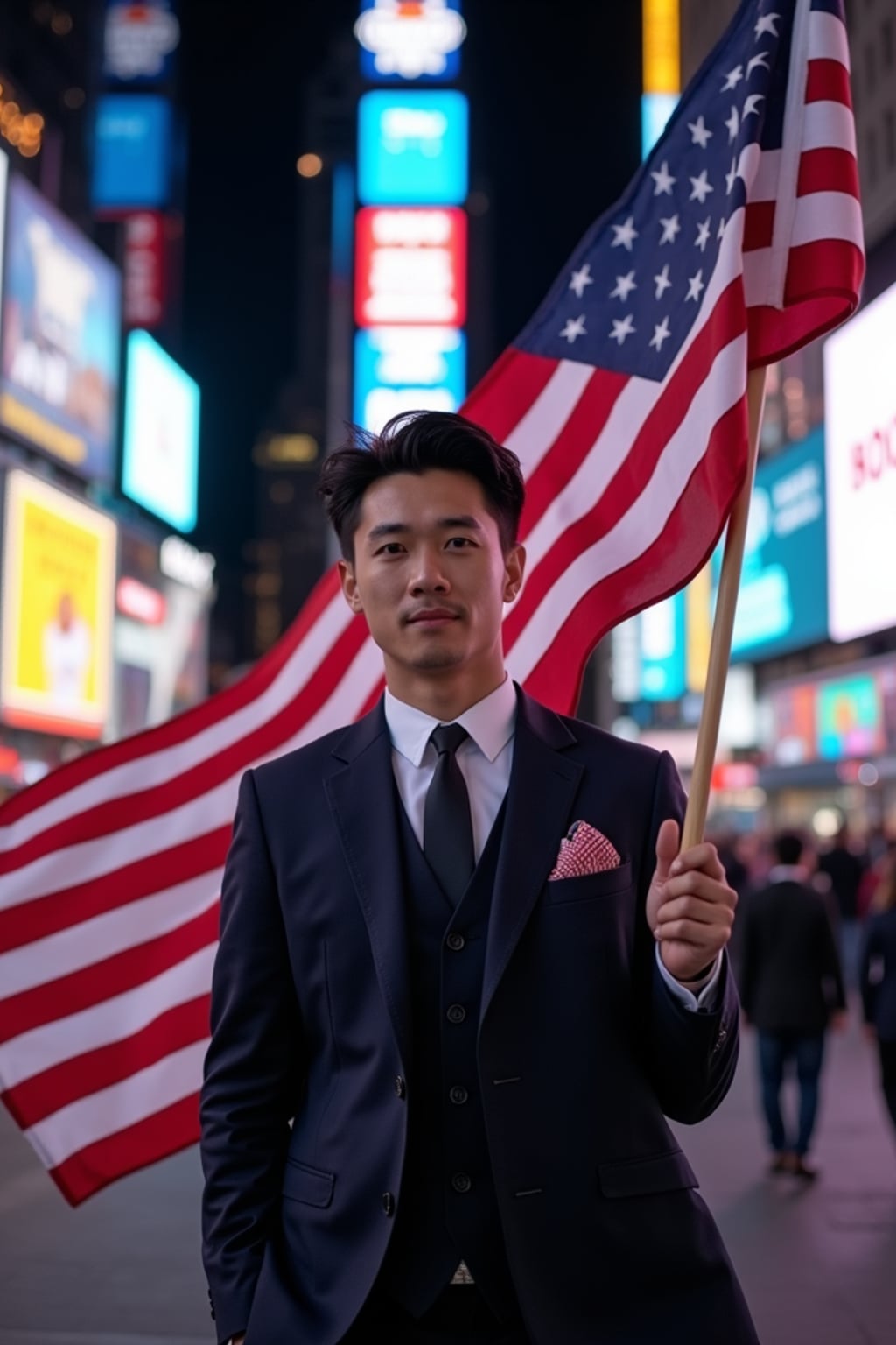 man in Times Square at night, surrounded by the iconic neon lights, wearing  a stylish modern suit with American flag pocket square, waving a large American flag, the bustling energy of New York City creating an electric patriotic atmosphere