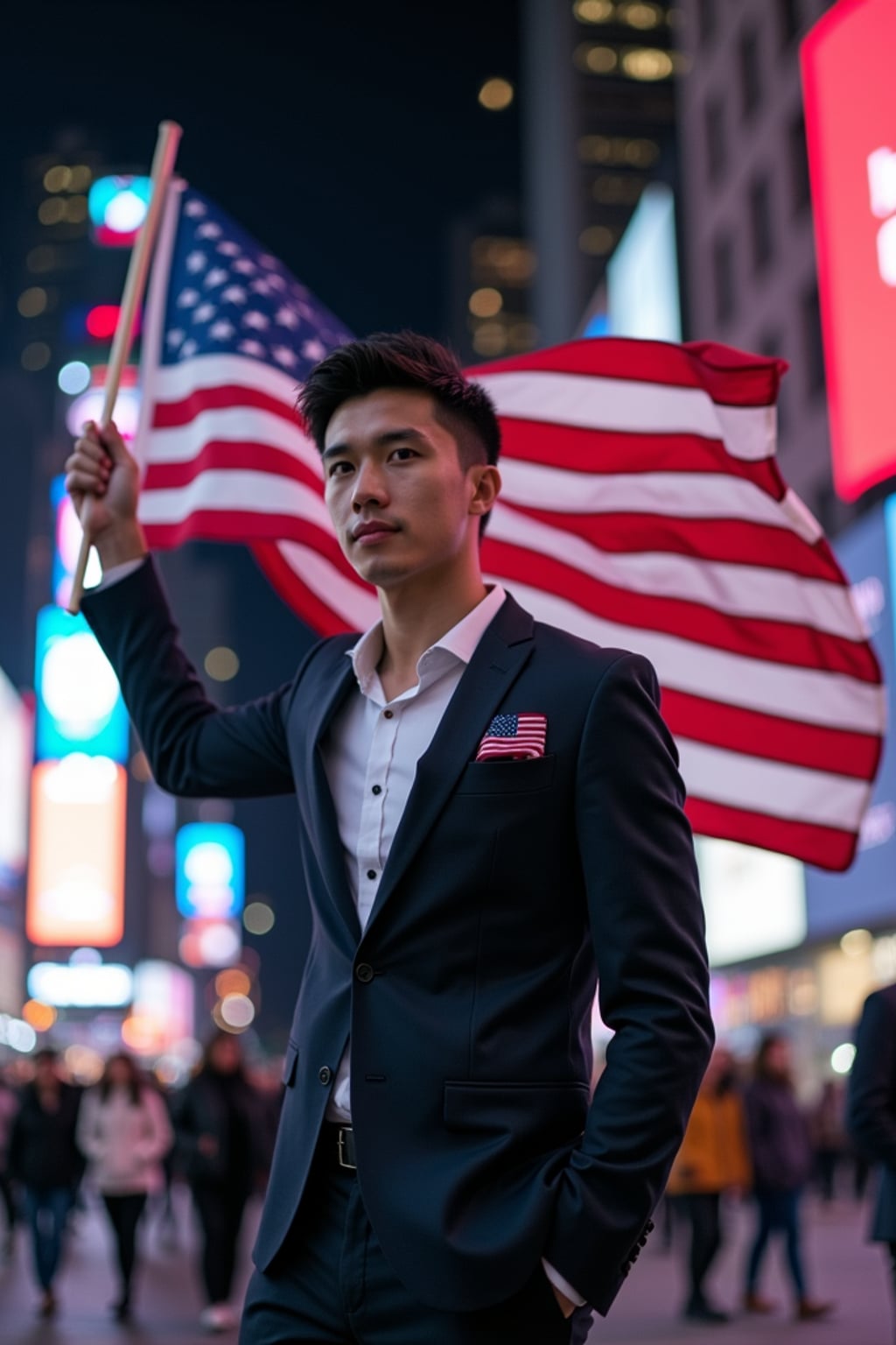 man in Times Square at night, surrounded by the iconic neon lights, wearing  a stylish modern suit with American flag pocket square, waving a large American flag, the bustling energy of New York City creating an electric patriotic atmosphere