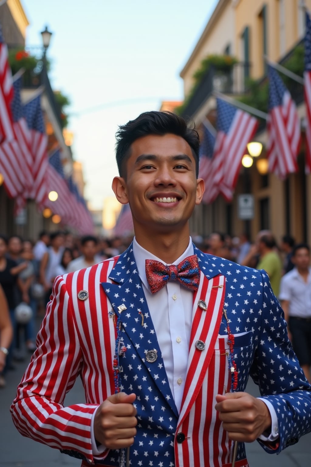 man in New Orleans during Mardi Gras, wearing  a stars and stripes suit with patriotic bow tie, throwing red, white, and blue beads to the crowd, American flags lining Bourbon Street