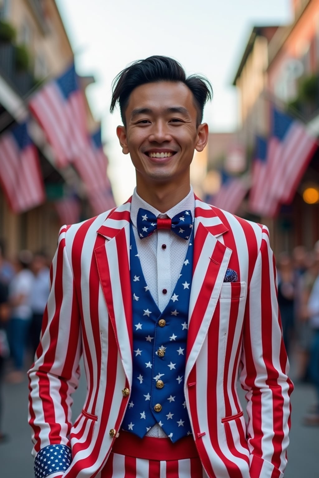 man in New Orleans during Mardi Gras, wearing  a stars and stripes suit with patriotic bow tie, throwing red, white, and blue beads to the crowd, American flags lining Bourbon Street