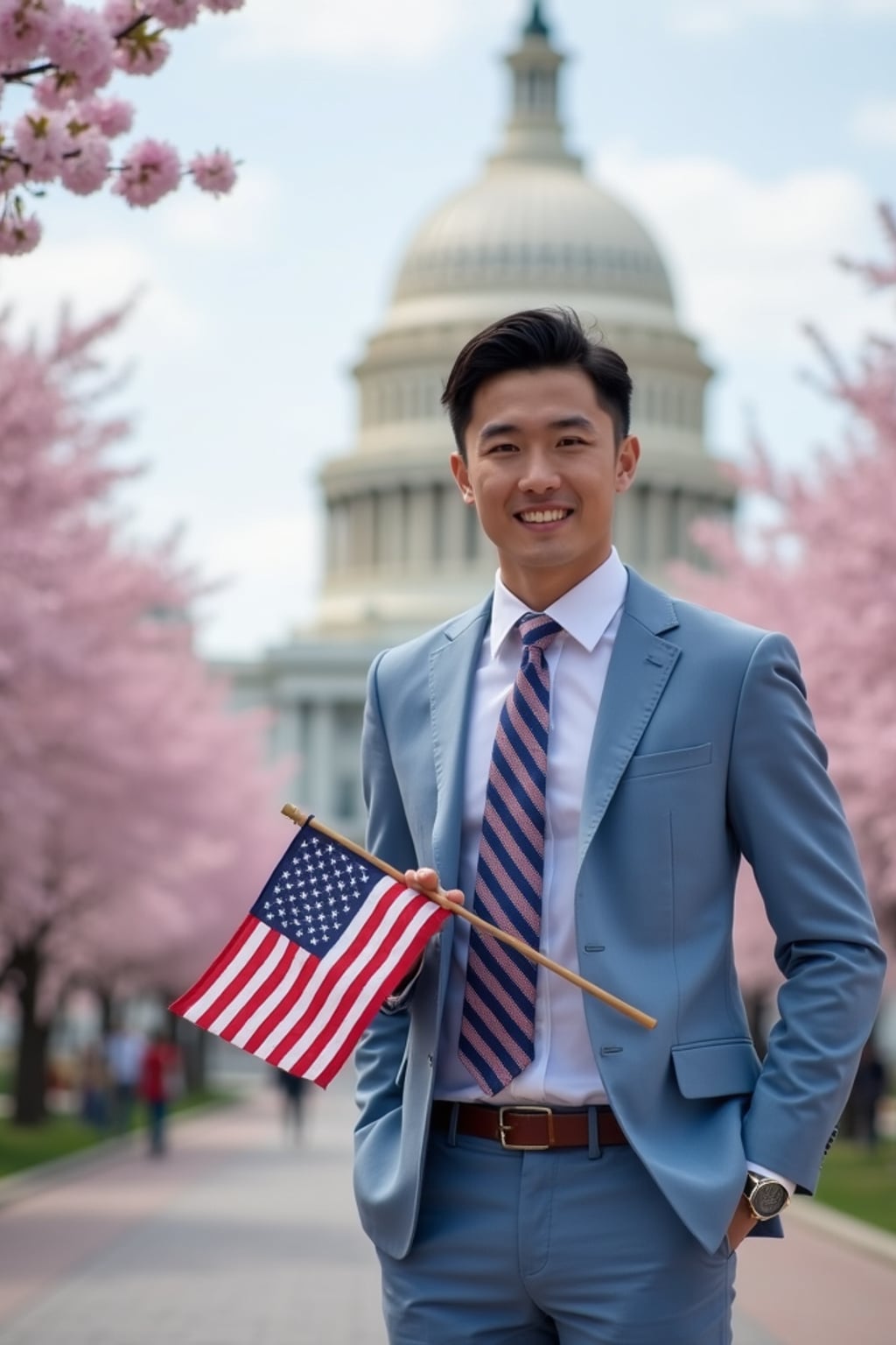 man in Washington DC during cherry blossom season, wearing  a light blue suit with a stars and stripes tie, holding a small American flag, the Washington Monument and Capitol building creating a picturesque patriotic backdrop