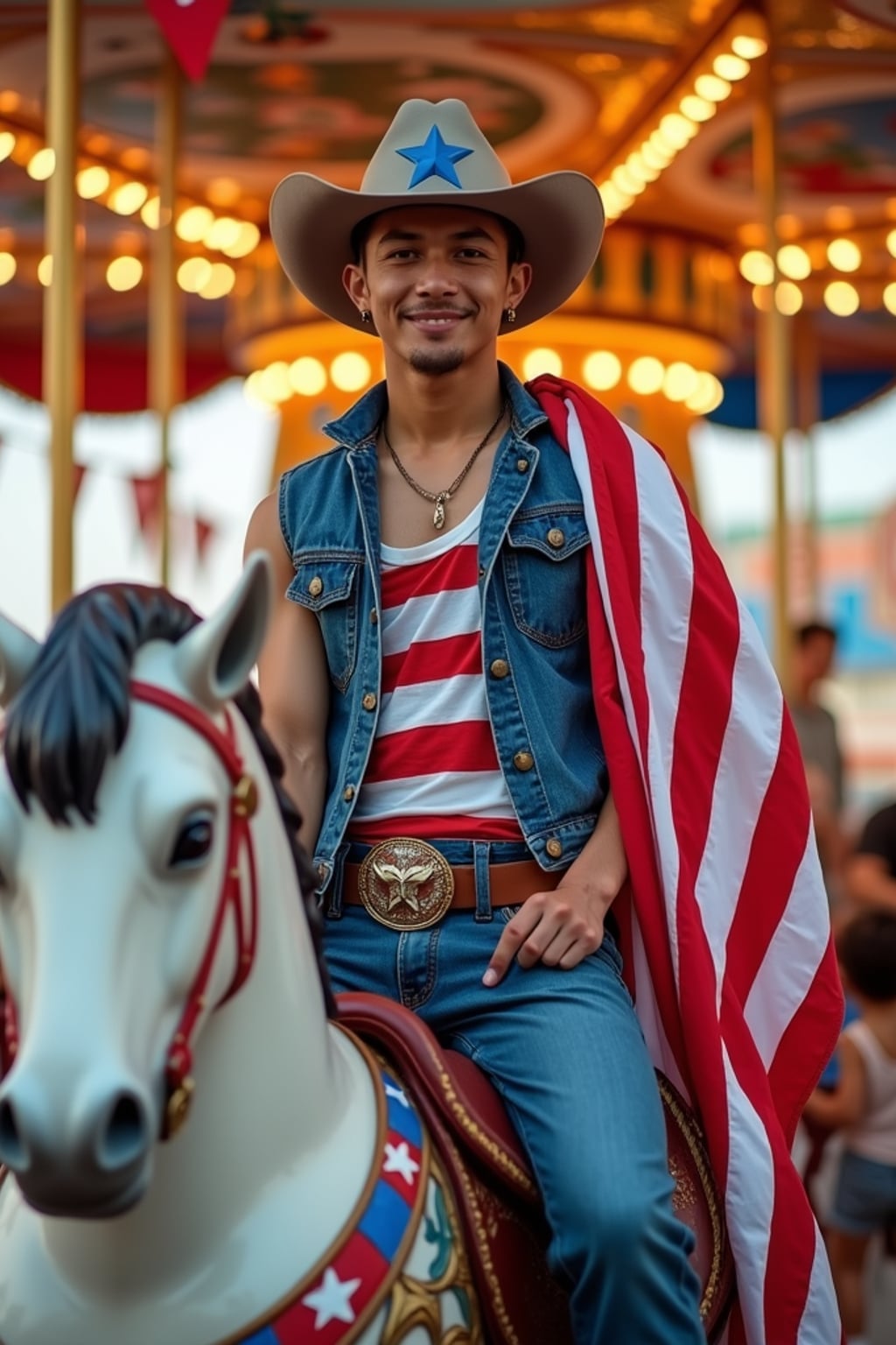 man confidently posed on top of a vibrant carnival carousel horse painted in stars and stripes, the scene bursting with red, white, and blue colors.  he is dressed in classic american western clothes, adorned with  an American flag tank top, denim jeans with patriotic belt buckle, accentuating  his red, white and blue cowboy boots. the ensemble is completed with a stars and stripes cowboy hat, American flag draped over  his shoulders. the carnival atmosphere is enhanced by patriotic bunting and twinkling red, white, and blue lights.