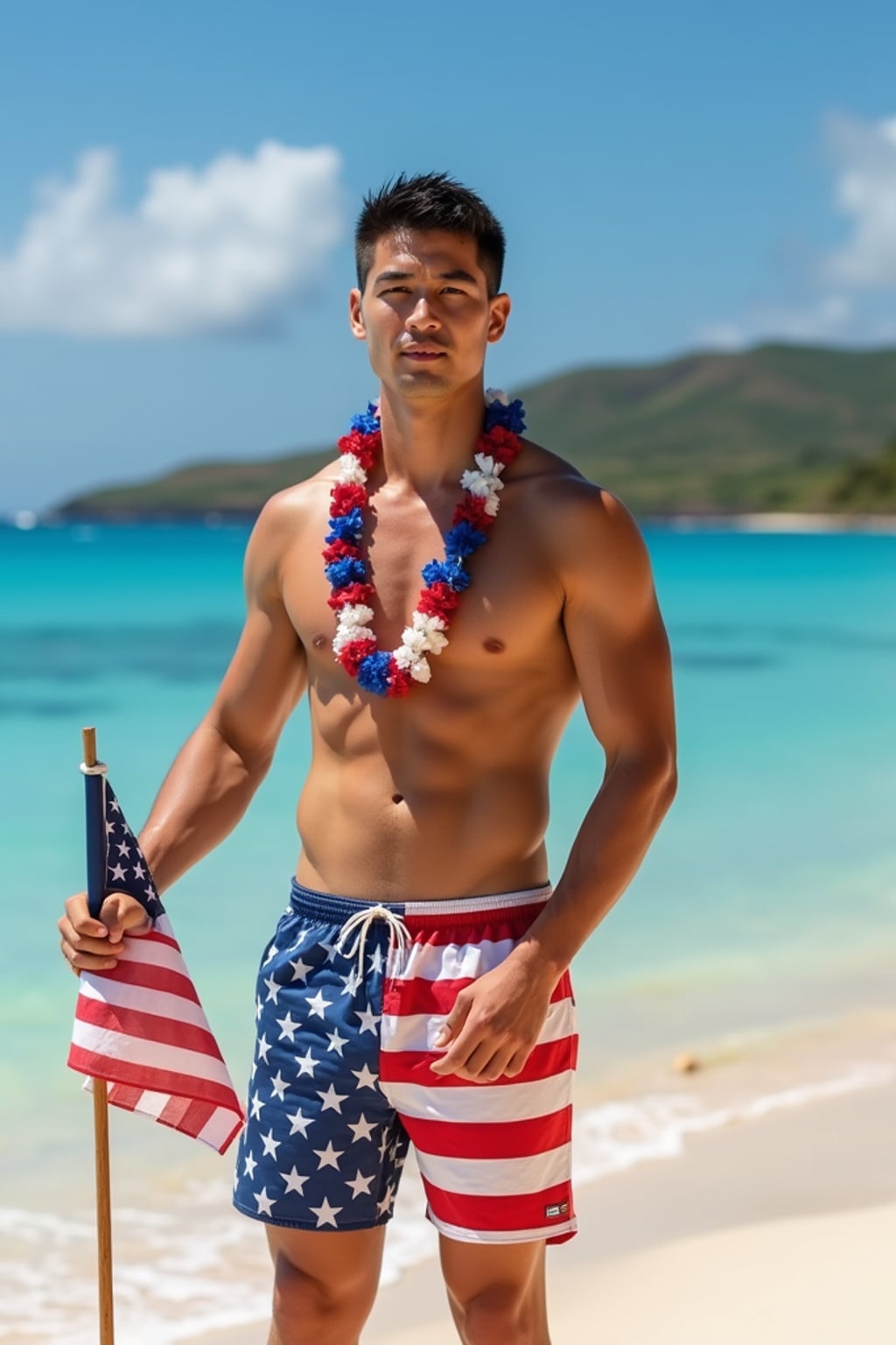 man on a beautiful beach in Hawaii, wearing  American flag swim trunks and a patriotic tank top, with a lei of red, white and blue flowers around  his neck, American flag planted proudly in the sand, crystal blue waters in the background